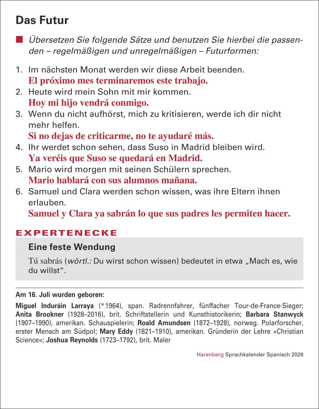 Beispielinhalt (Bild) Spanisch Sprachkalender 2026 - Spanisch lernen leicht gemacht - Tagesabreißkalender