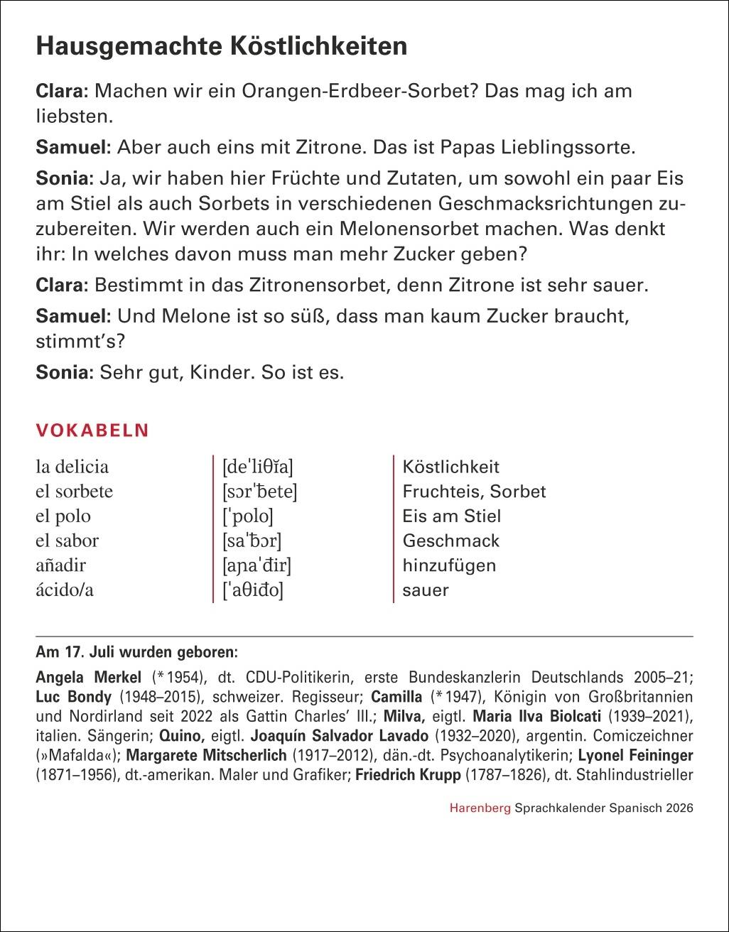 Beispielinhalt (Bild) Spanisch Sprachkalender 2026 - Spanisch lernen leicht gemacht - Tagesabreißkalender
