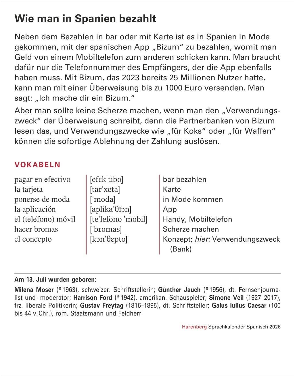 Beispielinhalt (Bild) Spanisch Sprachkalender 2026 - Spanisch lernen leicht gemacht - Tagesabreißkalender