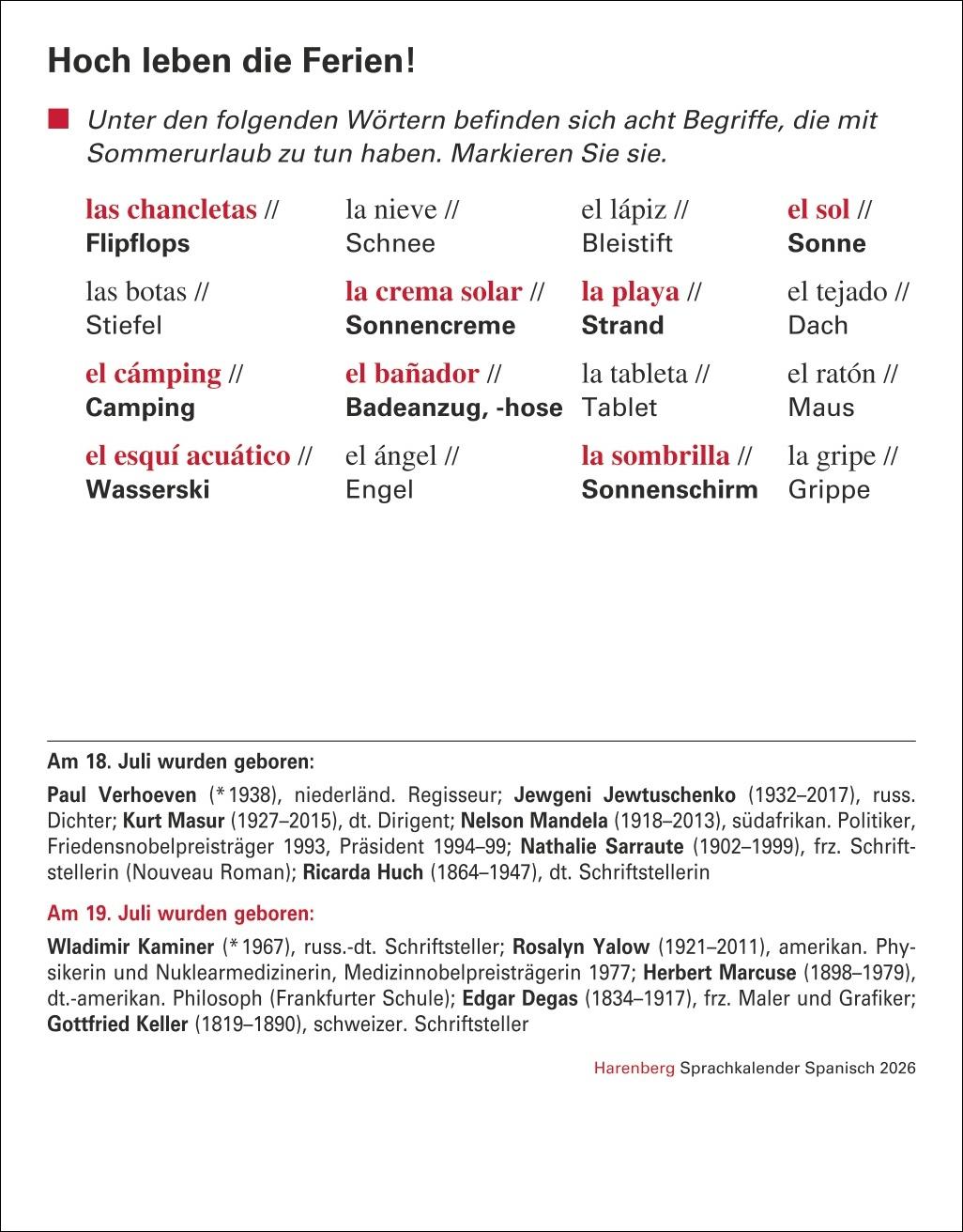 Beispielinhalt (Bild) Spanisch Sprachkalender 2026 - Spanisch lernen leicht gemacht - Tagesabreißkalender
