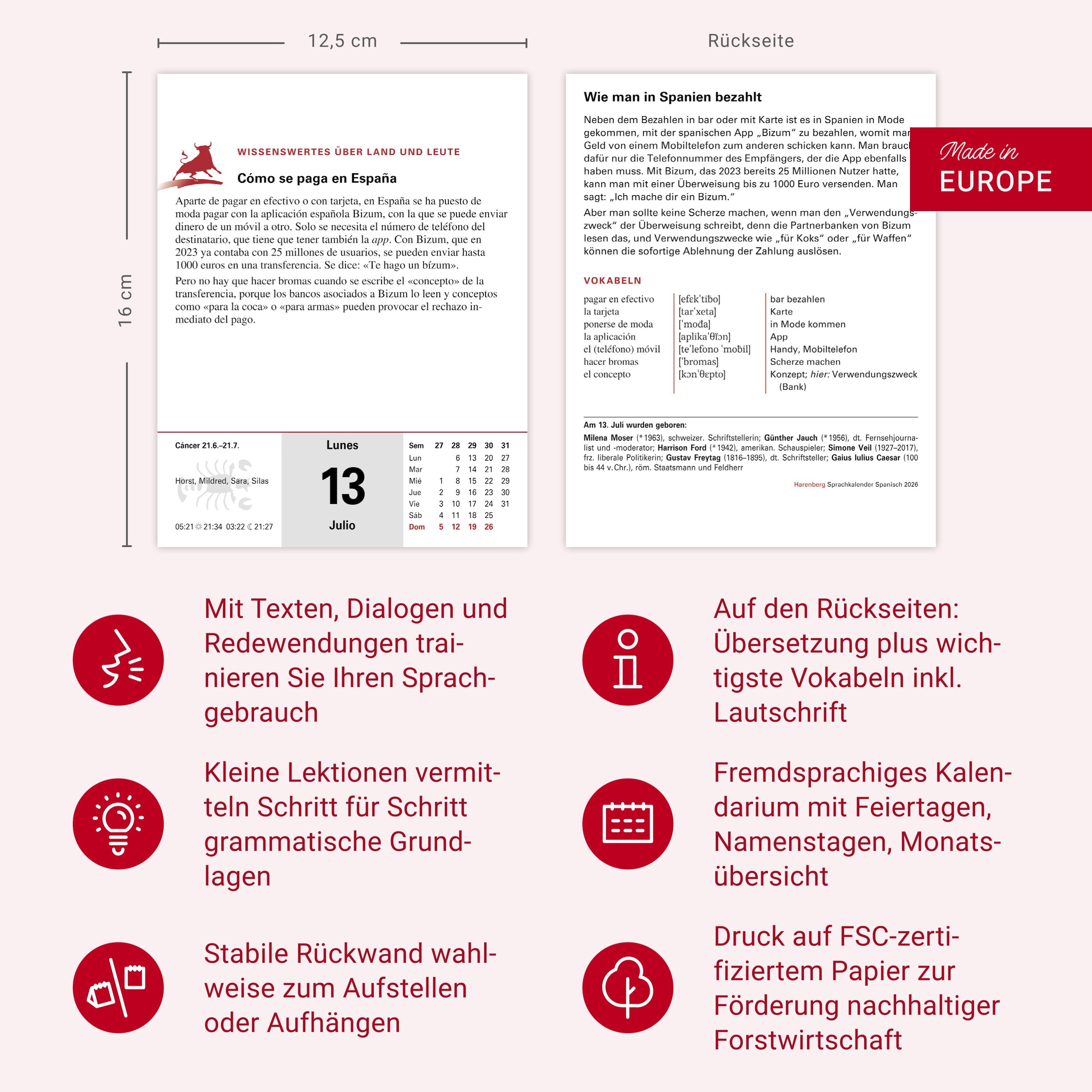 Beispielinhalt (Bild) Spanisch Sprachkalender 2026 - Spanisch lernen leicht gemacht - Tagesabreißkalender