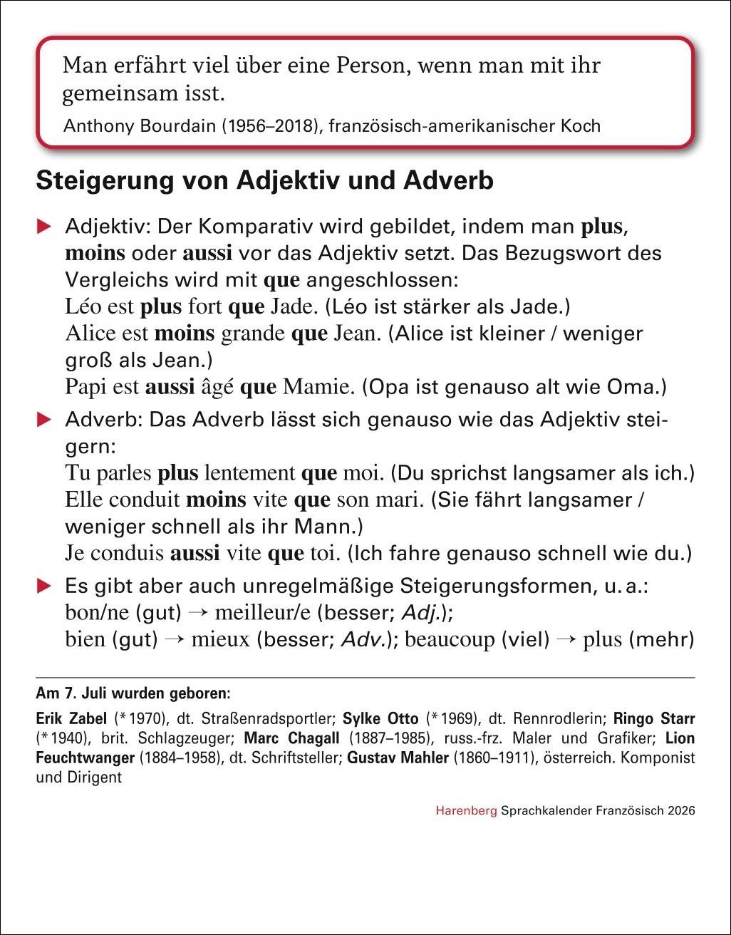 Beispielinhalt (Bild) Französisch Sprachkalender 2026 - Französisch lernen leicht gemacht - Tagesabreißkalender