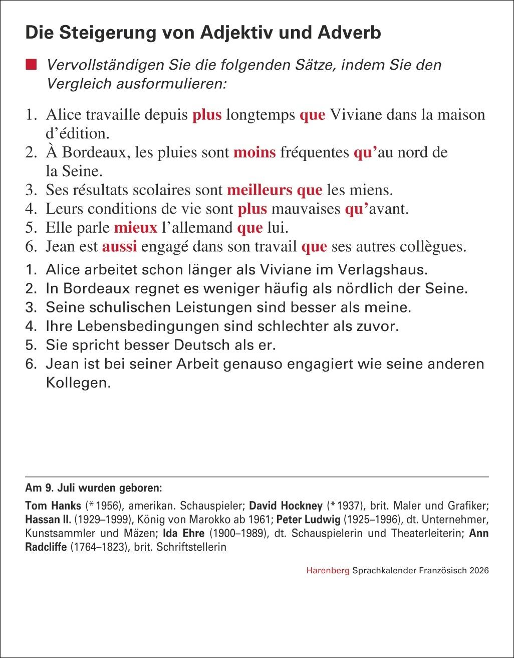 Beispielinhalt (Bild) Französisch Sprachkalender 2026 - Französisch lernen leicht gemacht - Tagesabreißkalender