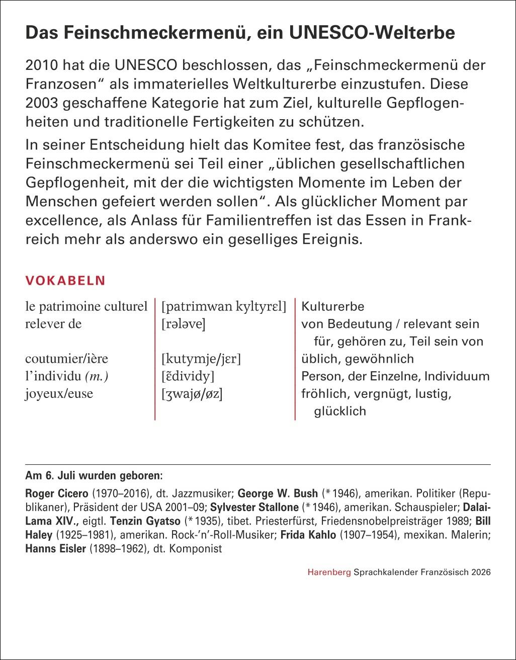 Beispielinhalt (Bild) Französisch Sprachkalender 2026 - Französisch lernen leicht gemacht - Tagesabreißkalender