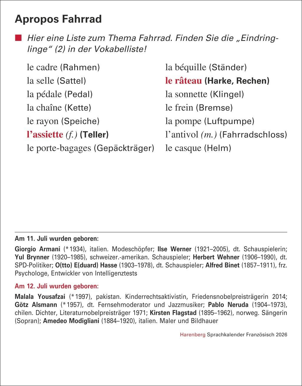 Beispielinhalt (Bild) Französisch Sprachkalender 2026 - Französisch lernen leicht gemacht - Tagesabreißkalender