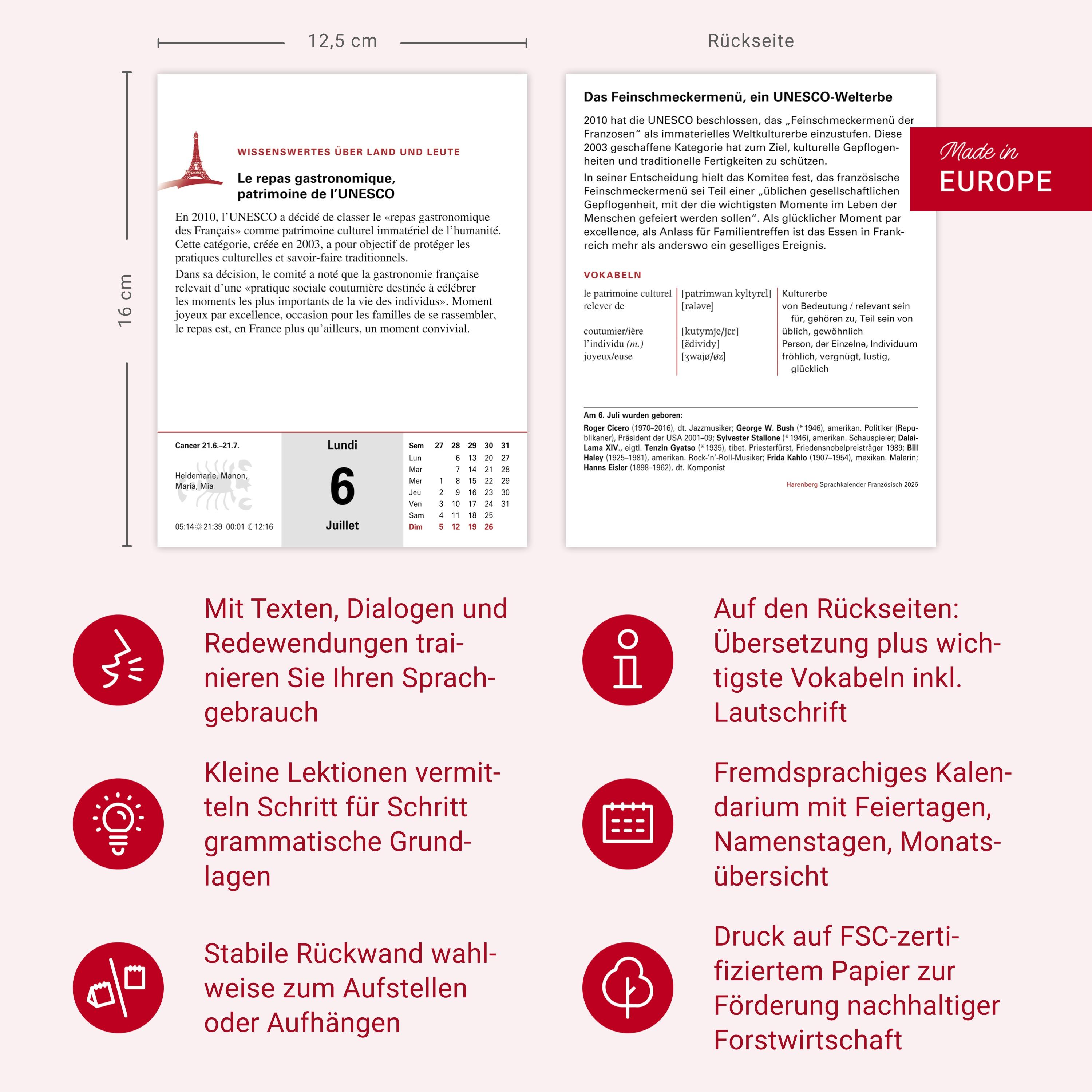 Beispielinhalt (Bild) Französisch Sprachkalender 2026 - Französisch lernen leicht gemacht - Tagesabreißkalender