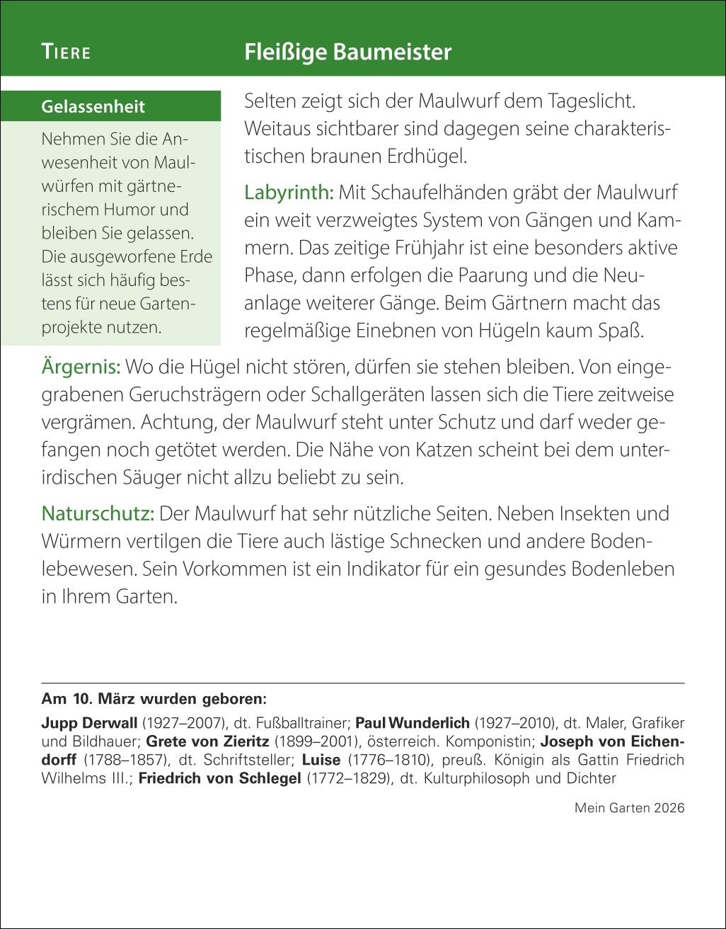 Beispielinhalt (Bild) Mein Garten Tagesabreißkalender 2026 - Praktische Tipps für 2026
