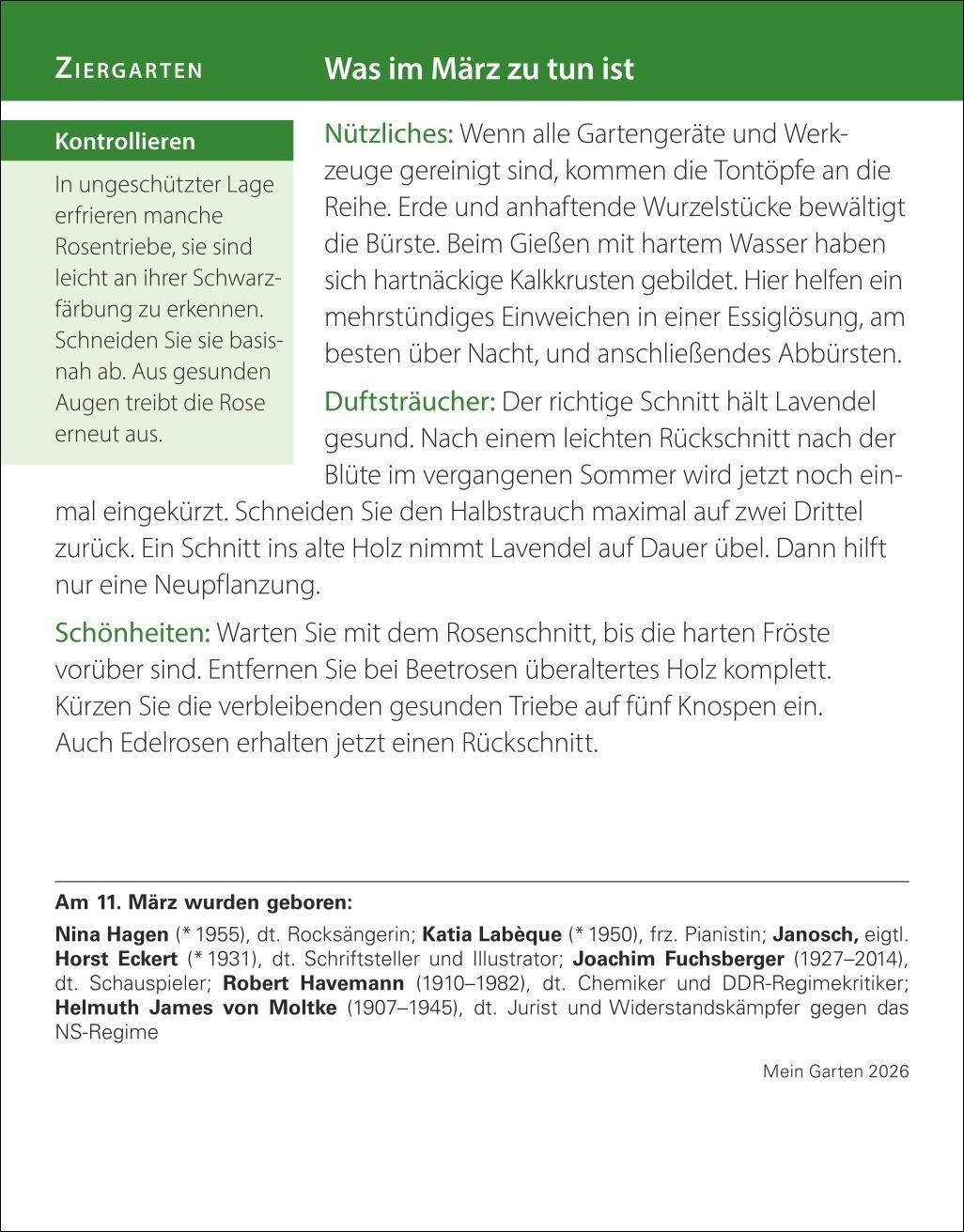Beispielinhalt (Bild) Mein Garten Tagesabreißkalender 2026 - Praktische Tipps für 2026