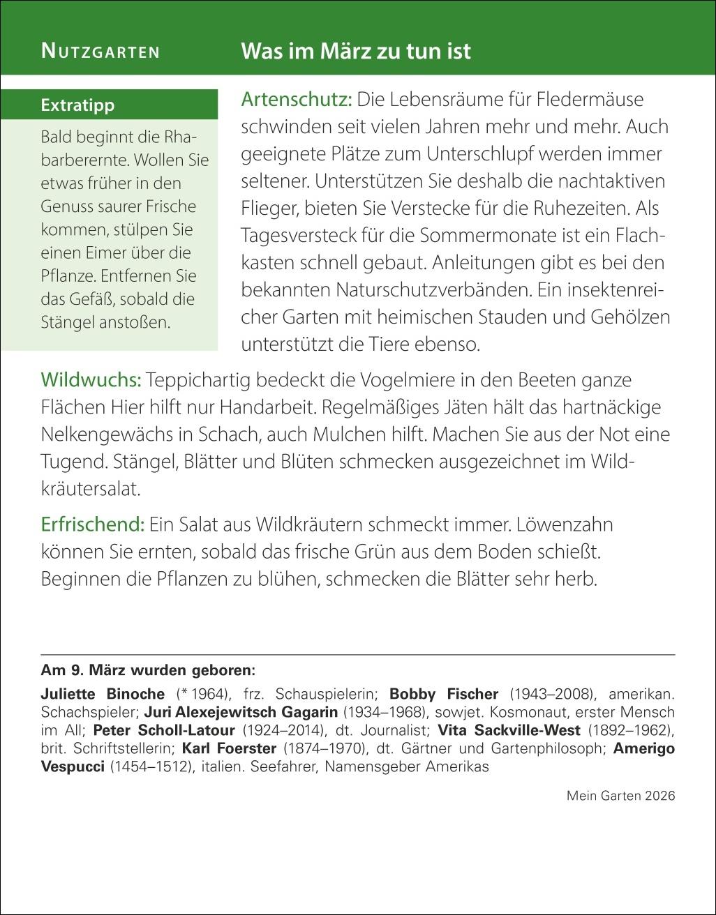 Beispielinhalt (Bild) Mein Garten Tagesabreißkalender 2026 - Praktische Tipps für 2026