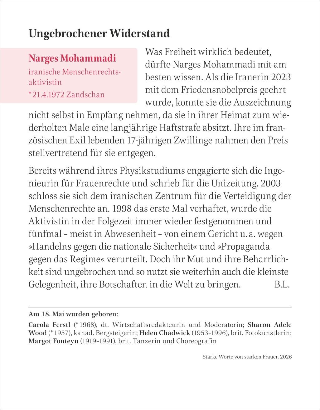 Beispielinhalt (Bild) Starke Worte von starken Frauen Tagesabreißkalender 2026