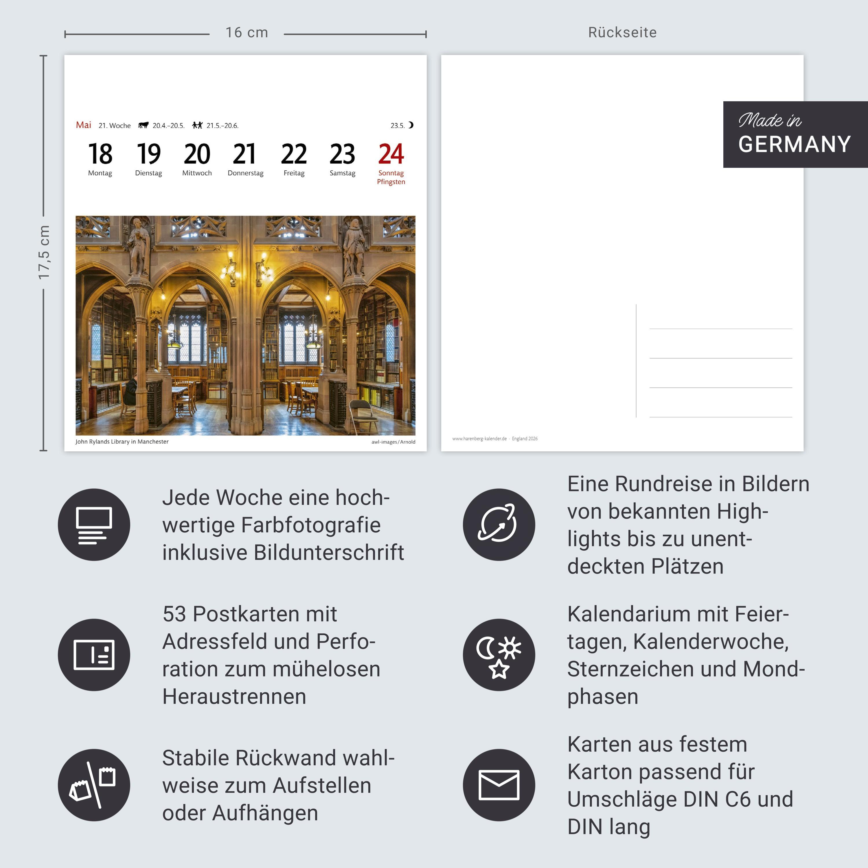 Beispielinhalt (Bild) England Sehnsuchtskalender 2026 - Wochenkalender mit 53 Postkarten