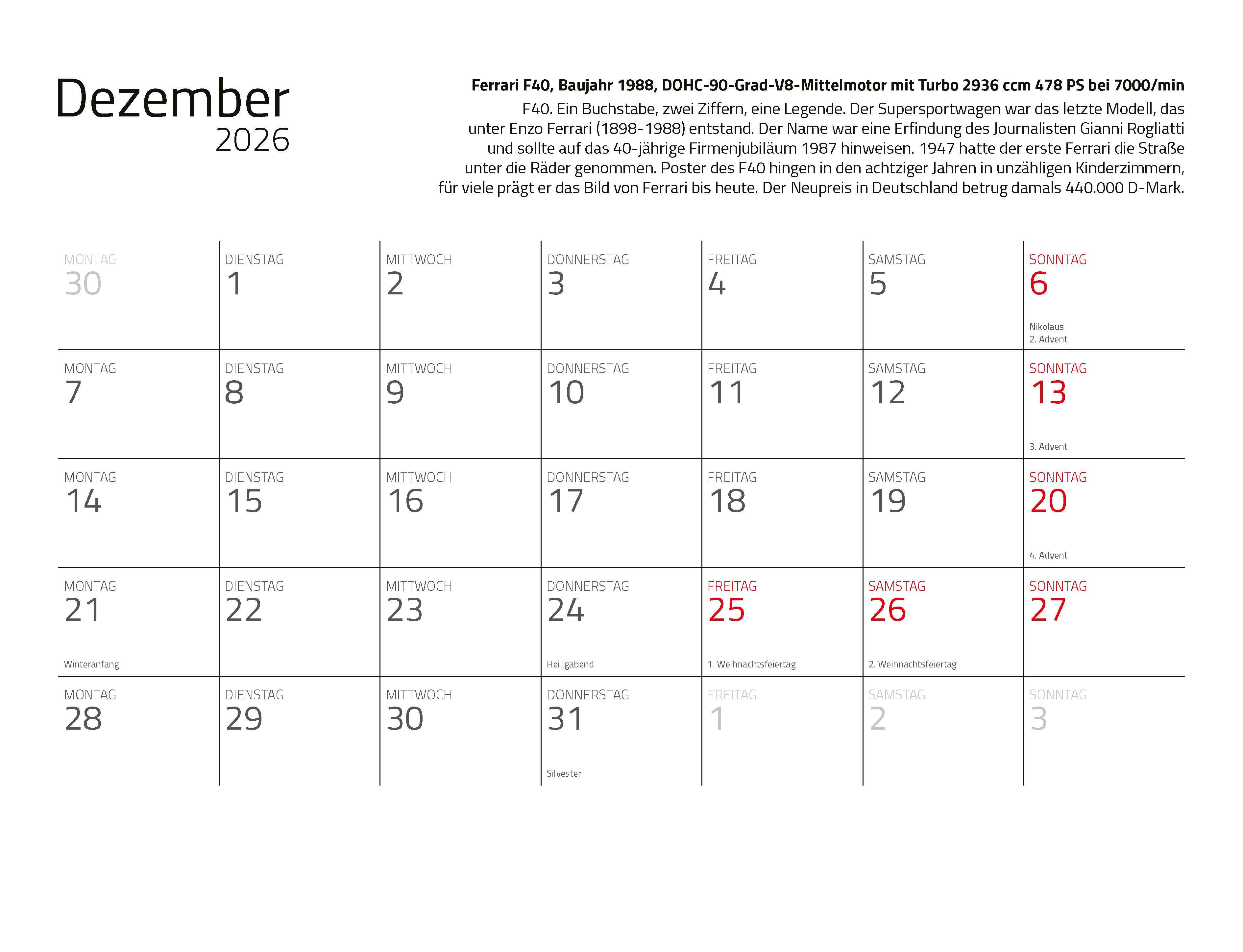 Beispielinhalt (Bild) Kalender Best of Maranello 2026 Eintragkalender