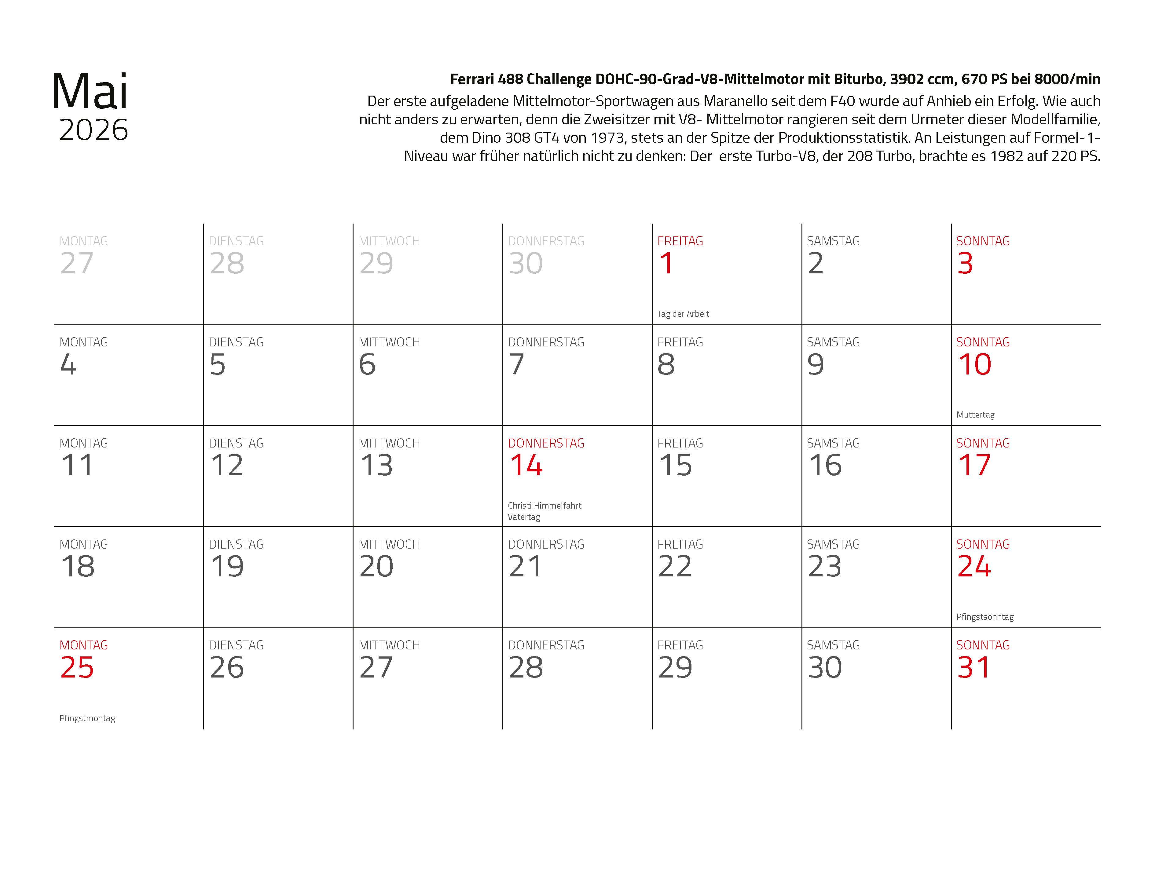Beispielinhalt (Bild) Kalender Best of Maranello 2026 Eintragkalender