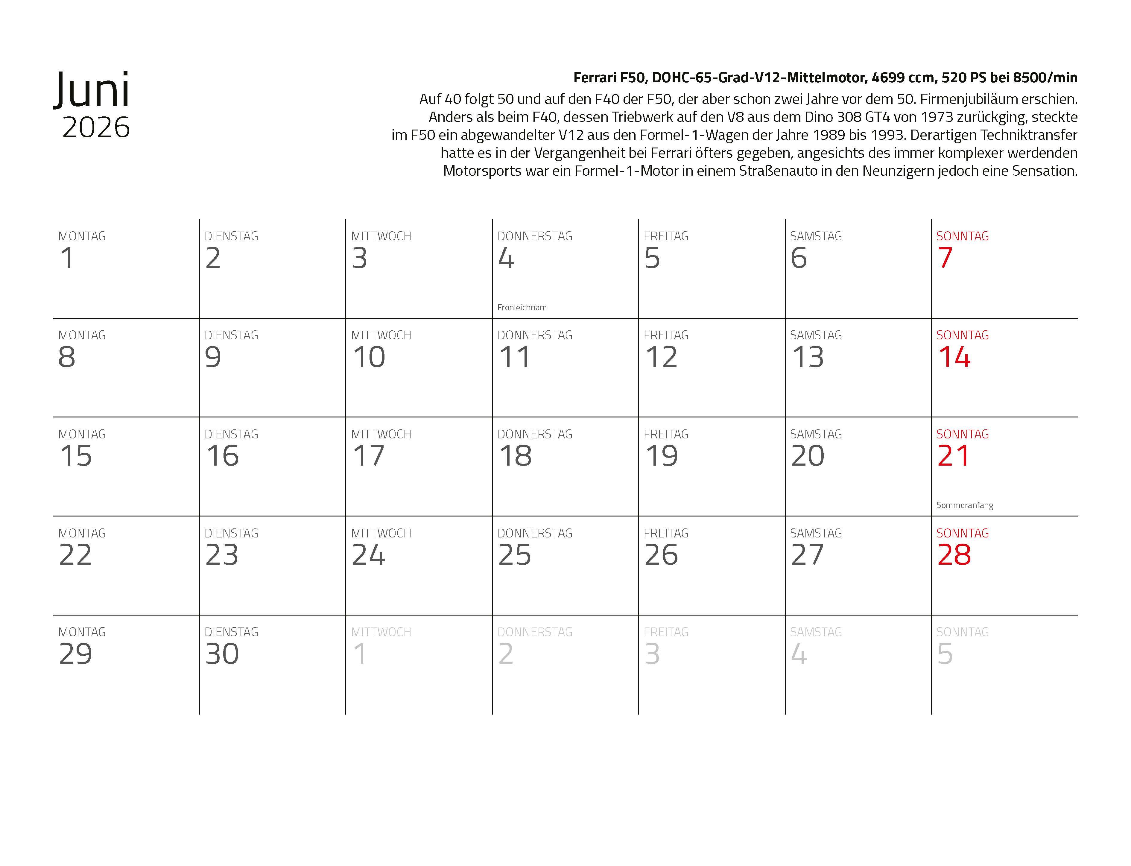 Beispielinhalt (Bild) Kalender Best of Maranello 2026 Eintragkalender