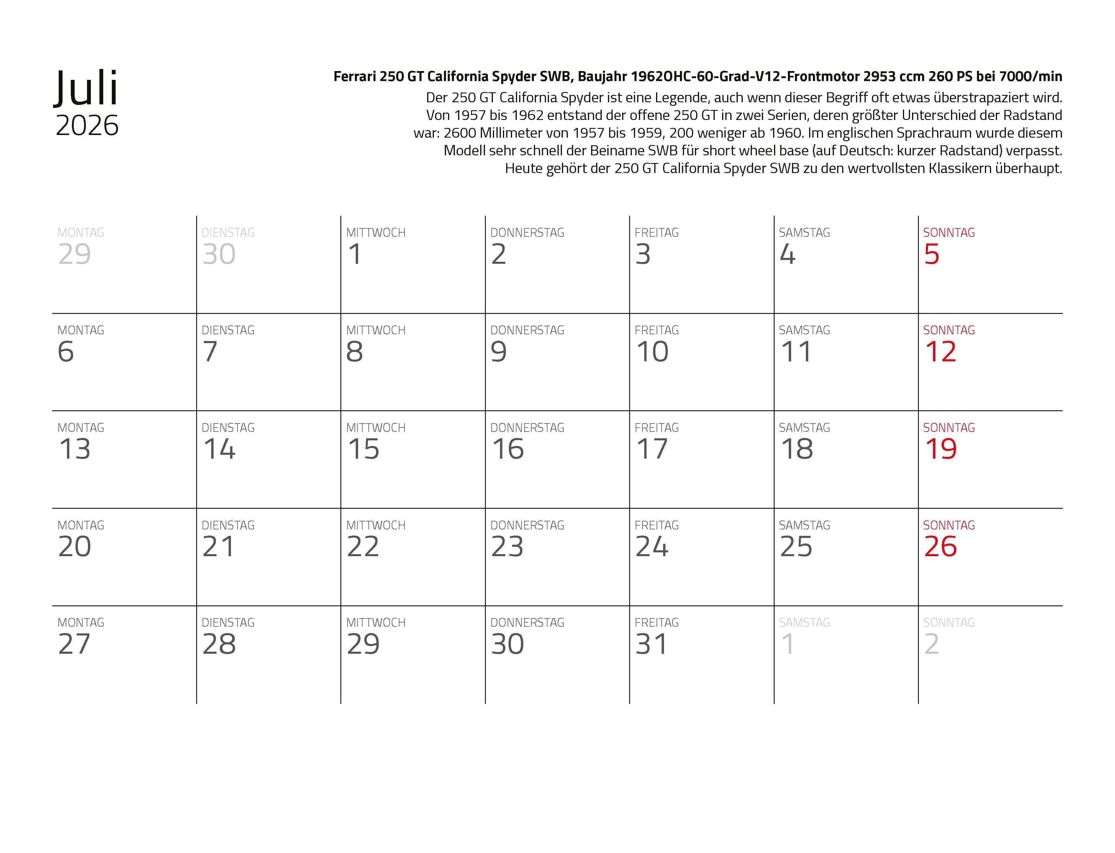 Beispielinhalt (Bild) Kalender Best of Maranello 2026 Eintragkalender