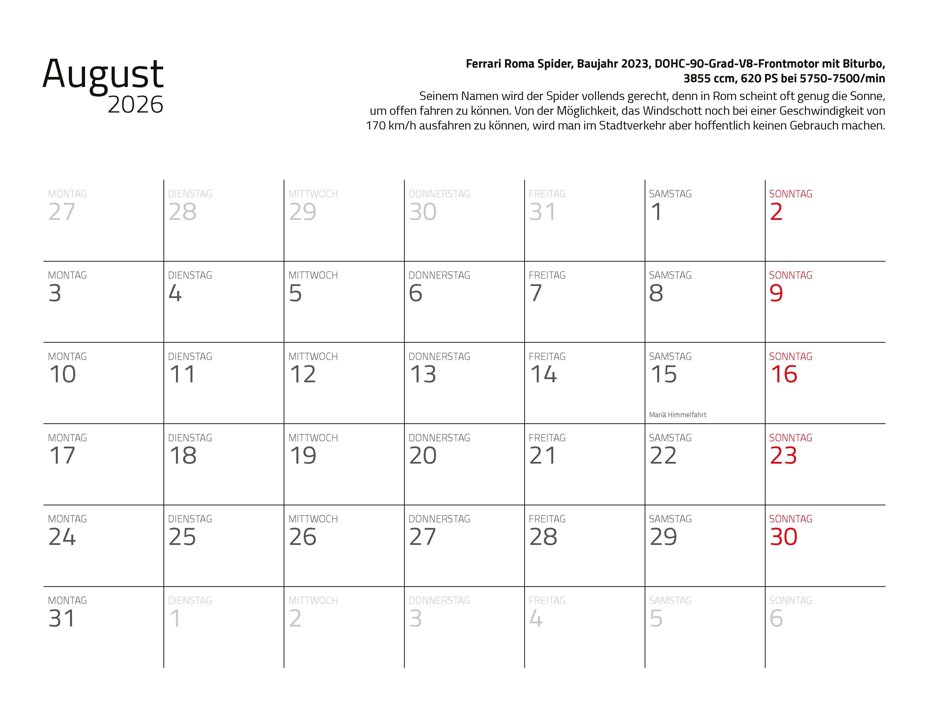 Beispielinhalt (Bild) Kalender Best of Maranello 2026 Eintragkalender