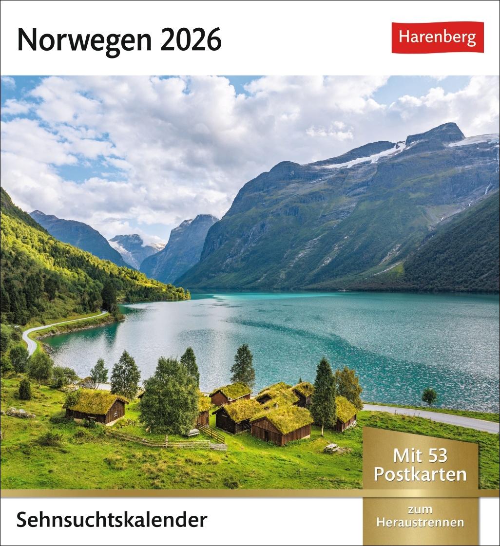 Vorderes Coverbild Norwegen Sehnsuchtskalender 2026 - Wochenkalender mit 53 Postkarten