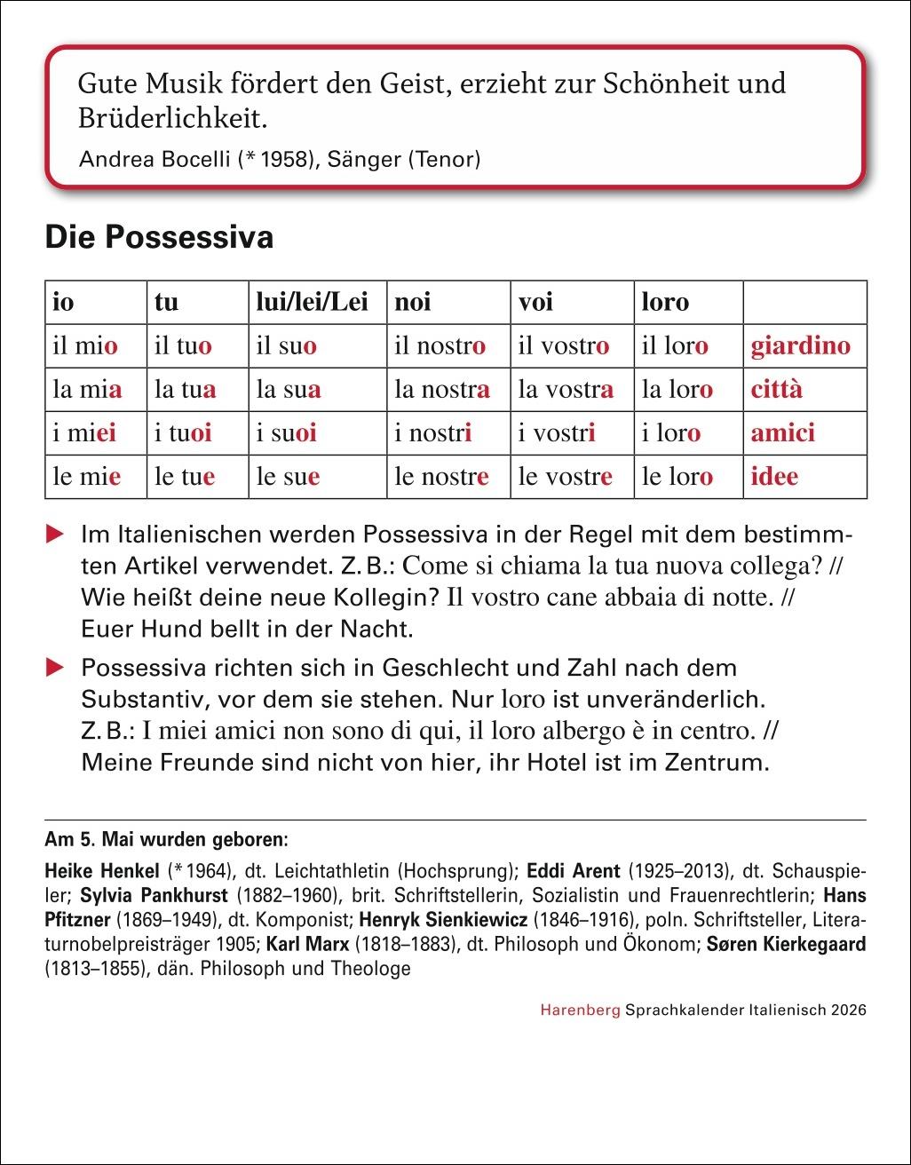 Beispielinhalt (Bild) Italienisch Sprachkalender 2026 - Italienisch lernen leicht gemacht - Tagesabreißkalender