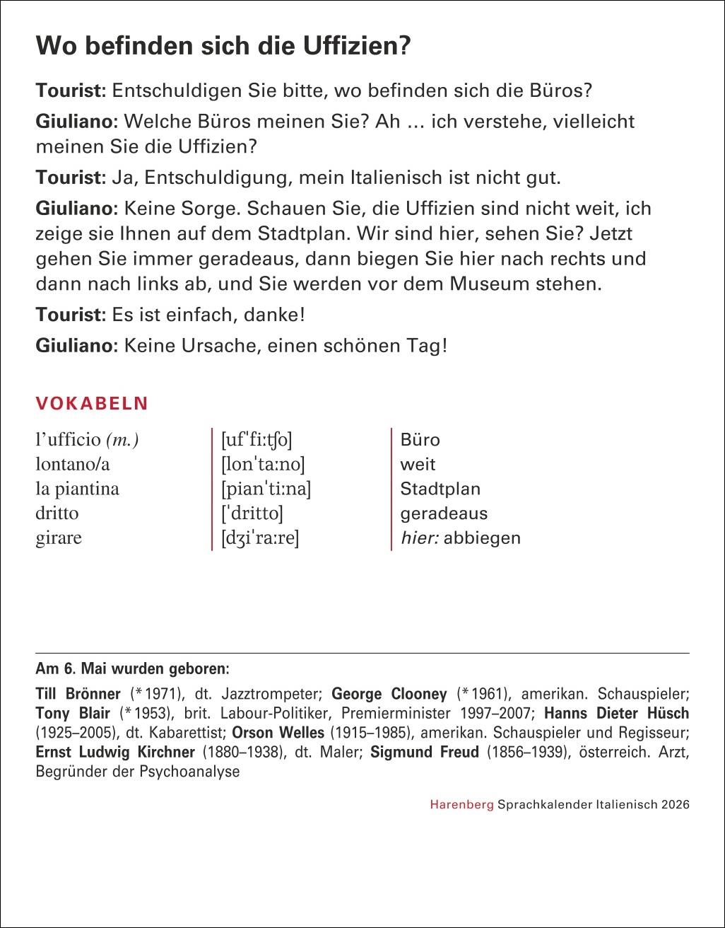 Beispielinhalt (Bild) Italienisch Sprachkalender 2026 - Italienisch lernen leicht gemacht - Tagesabreißkalender