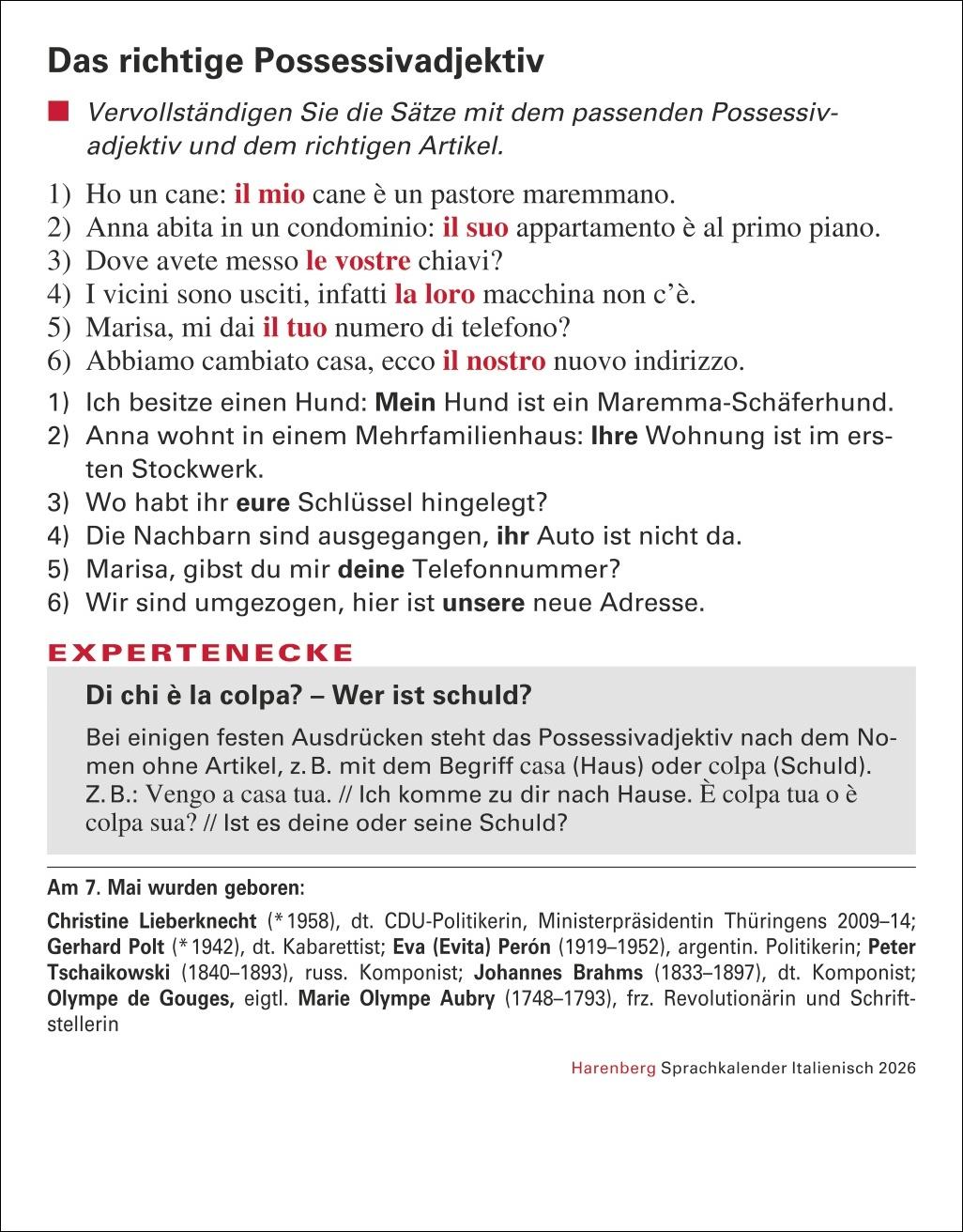 Beispielinhalt (Bild) Italienisch Sprachkalender 2026 - Italienisch lernen leicht gemacht - Tagesabreißkalender