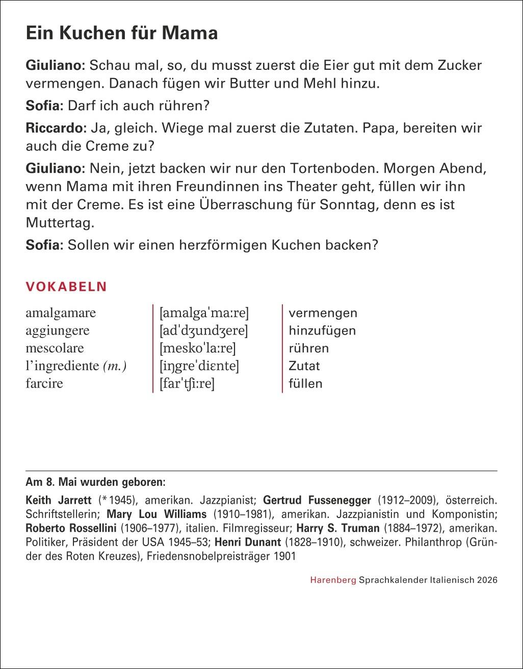 Beispielinhalt (Bild) Italienisch Sprachkalender 2026 - Italienisch lernen leicht gemacht - Tagesabreißkalender