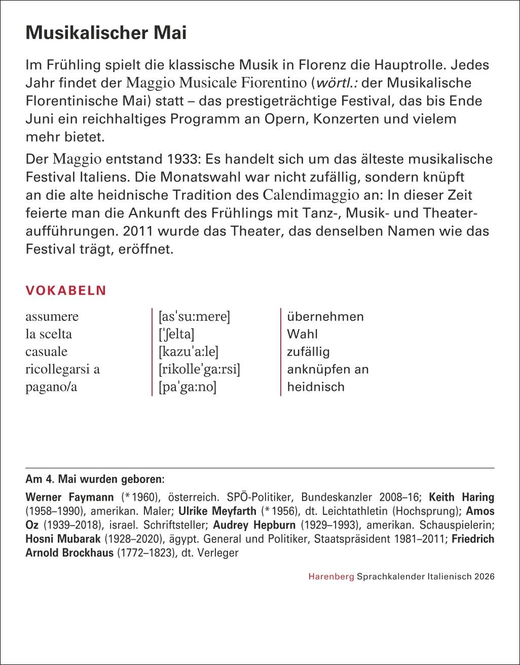 Beispielinhalt (Bild) Italienisch Sprachkalender 2026 - Italienisch lernen leicht gemacht - Tagesabreißkalender