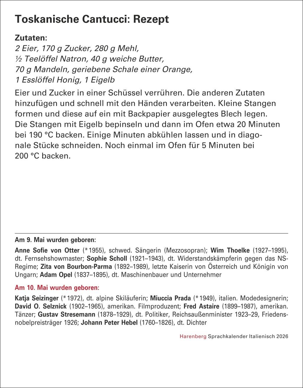 Beispielinhalt (Bild) Italienisch Sprachkalender 2026 - Italienisch lernen leicht gemacht - Tagesabreißkalender