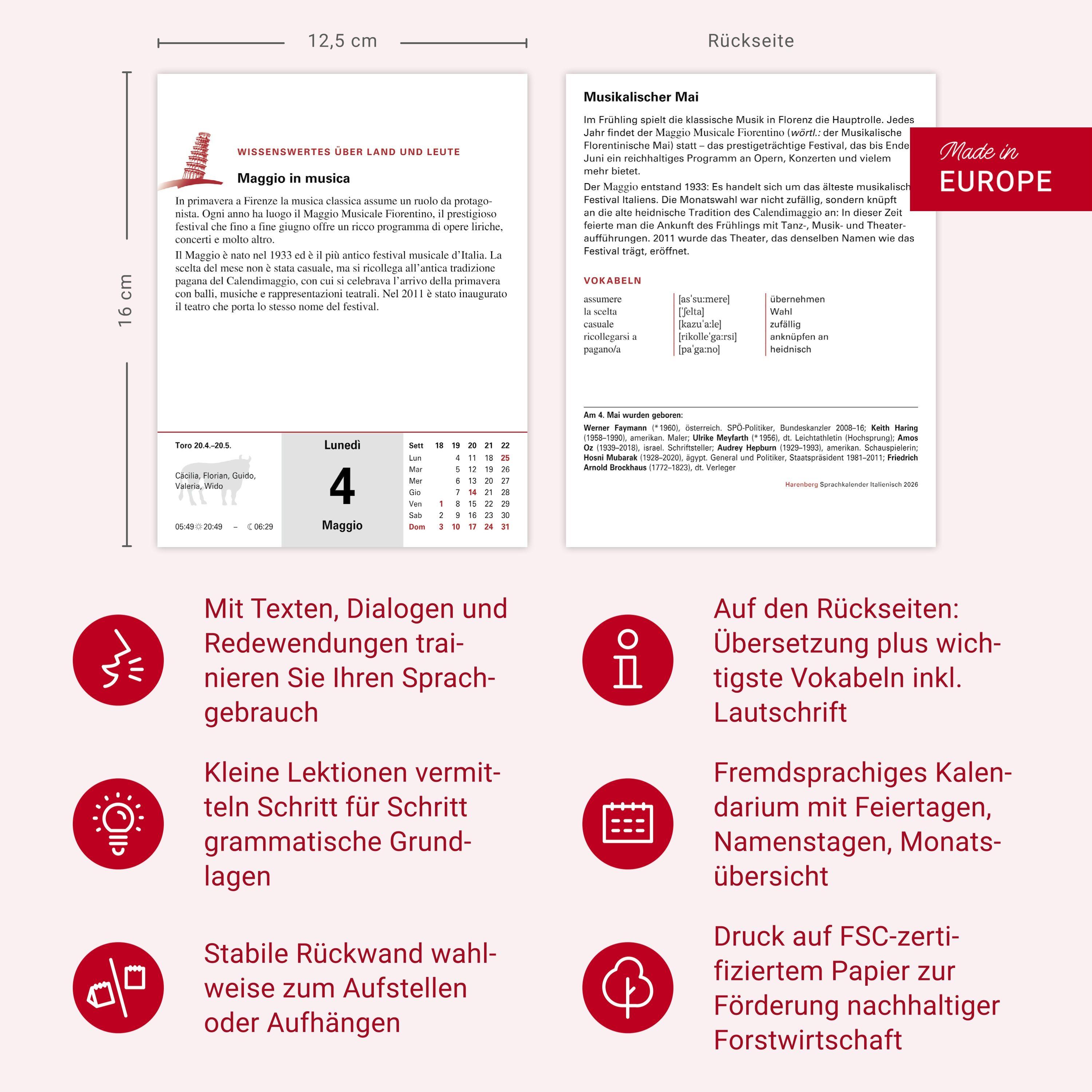 Beispielinhalt (Bild) Italienisch Sprachkalender 2026 - Italienisch lernen leicht gemacht - Tagesabreißkalender
