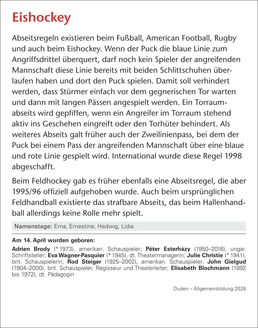Beispielinhalt (Bild) Duden Allgemeinbildung Tagesabreißkalender 2026 - Wissen und Quizzen