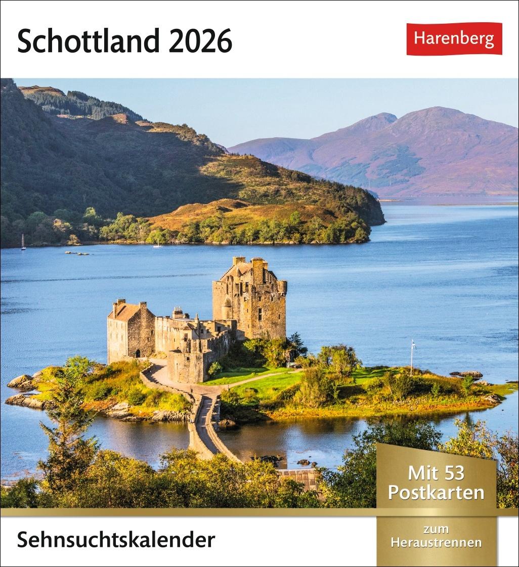 Vorderes Coverbild Schottland Sehnsuchtskalender 2026 - Wochenkalender mit 53 Postkarten