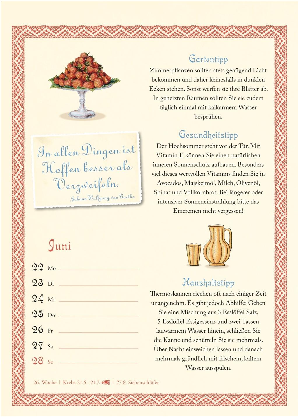 Beispielinhalt (Bild) Was Großmutter noch wusste Wochenkalender 2026 - mit Tipps für Haushalt, Gesundheit und Garten