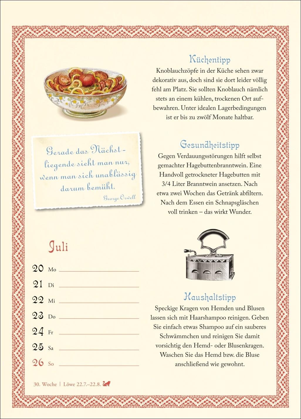 Beispielinhalt (Bild) Was Großmutter noch wusste Wochenkalender 2026 - mit Tipps für Haushalt, Gesundheit und Garten