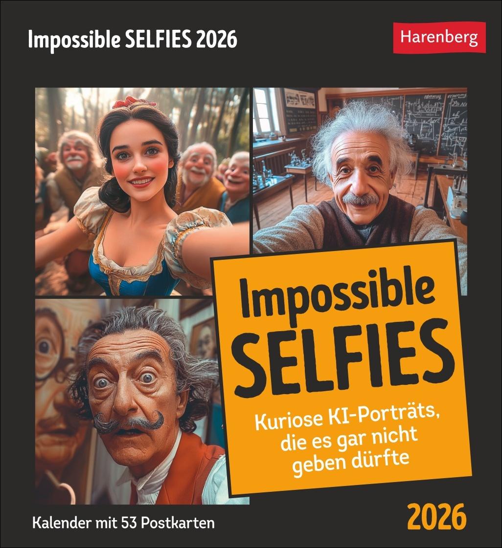 Vorderes Coverbild Impossible Selfies Postkartenkalender 2026 - Kuriose KI-Porträts, die es gar nicht geben dürfte