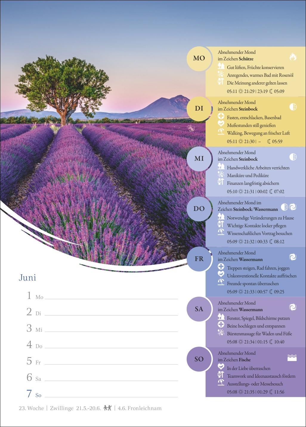 Beispielinhalt (Bild) Mondkalender Wochenkalender 2026 - 53 Wochenblätter mit praktischen Tipps für jeden Tag