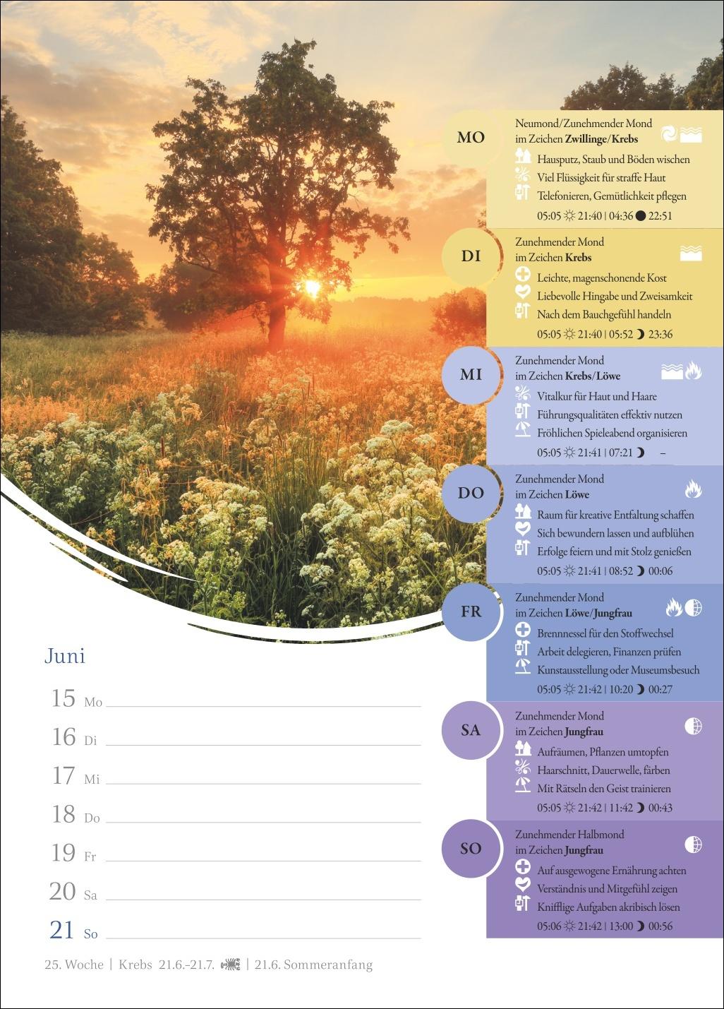 Beispielinhalt (Bild) Mondkalender Wochenkalender 2026 - 53 Wochenblätter mit praktischen Tipps für jeden Tag