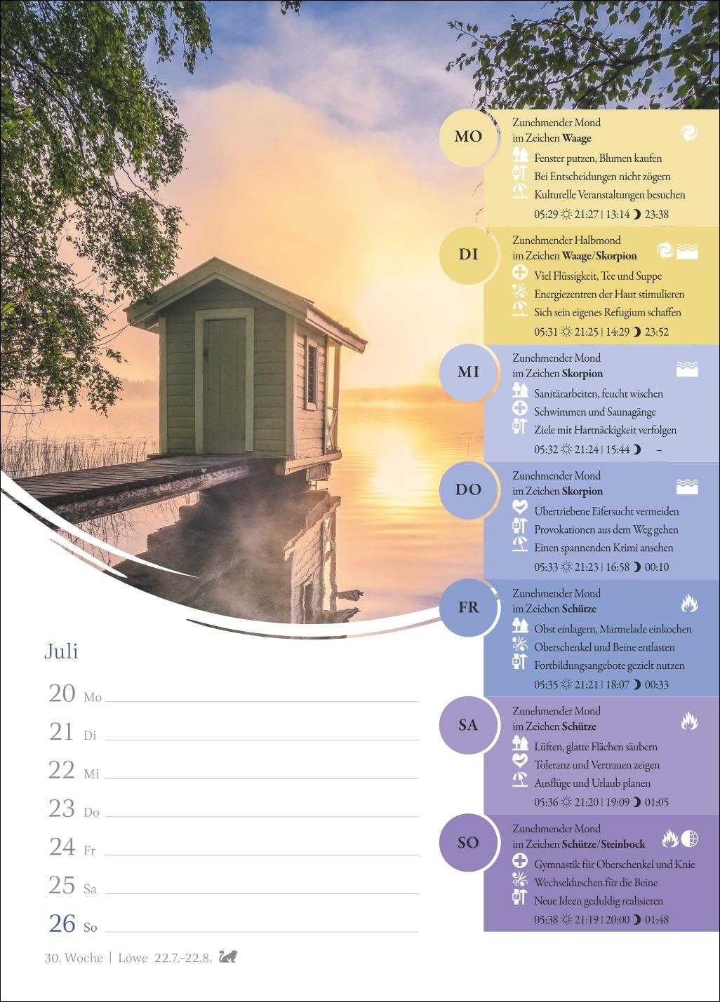 Beispielinhalt (Bild) Mondkalender Wochenkalender 2026 - 53 Wochenblätter mit praktischen Tipps für jeden Tag