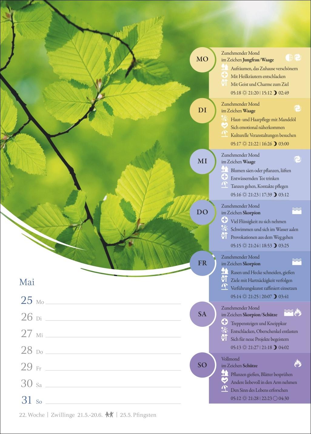 Beispielinhalt (Bild) Mondkalender Wochenkalender 2026 - 53 Wochenblätter mit praktischen Tipps für jeden Tag