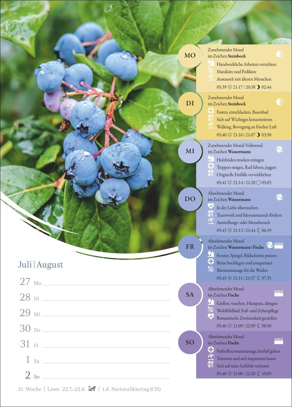 Beispielinhalt (Bild) Mondkalender Wochenkalender 2026 - 53 Wochenblätter mit praktischen Tipps für jeden Tag