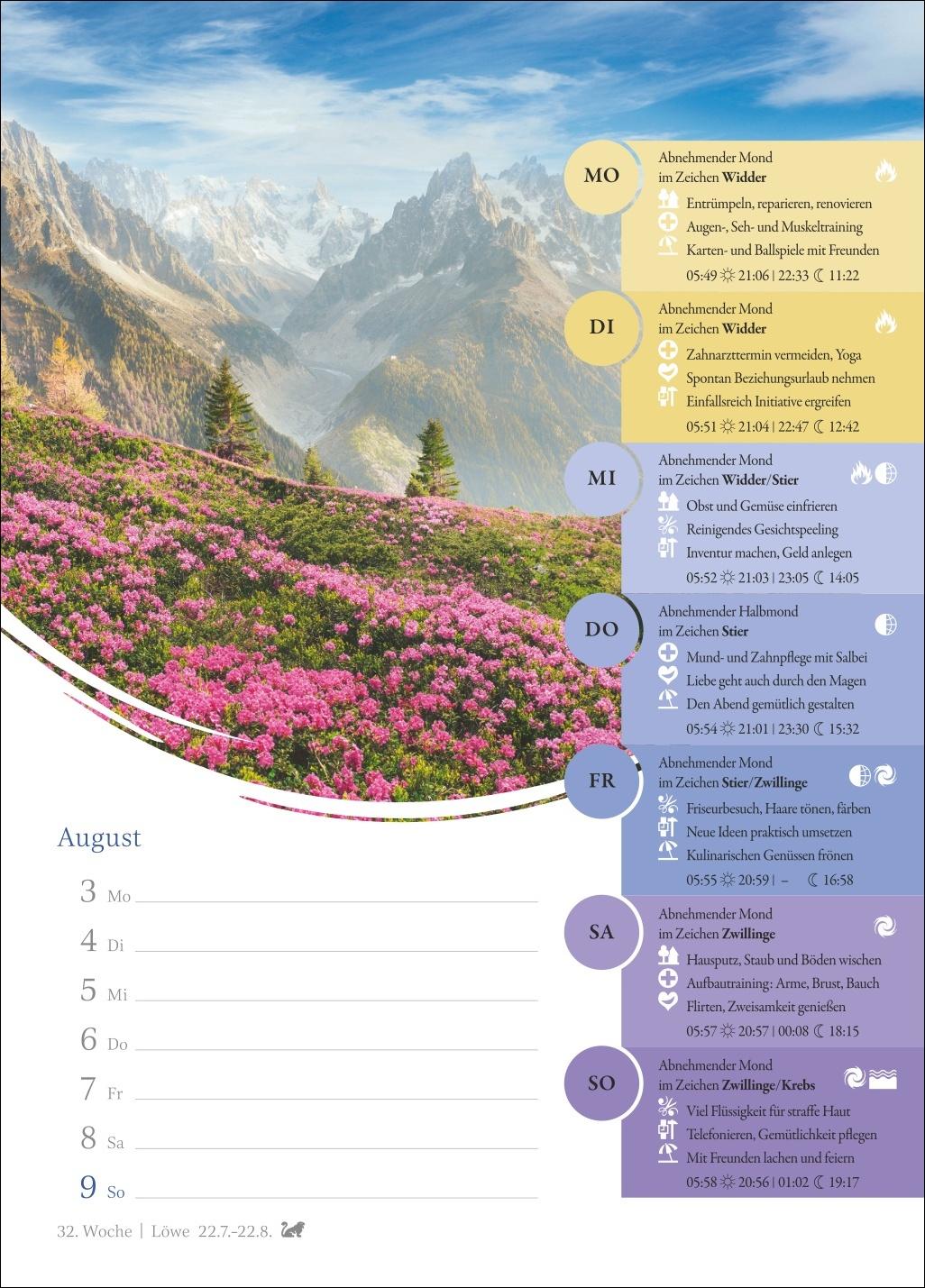 Beispielinhalt (Bild) Mondkalender Wochenkalender 2026 - 53 Wochenblätter mit praktischen Tipps für jeden Tag
