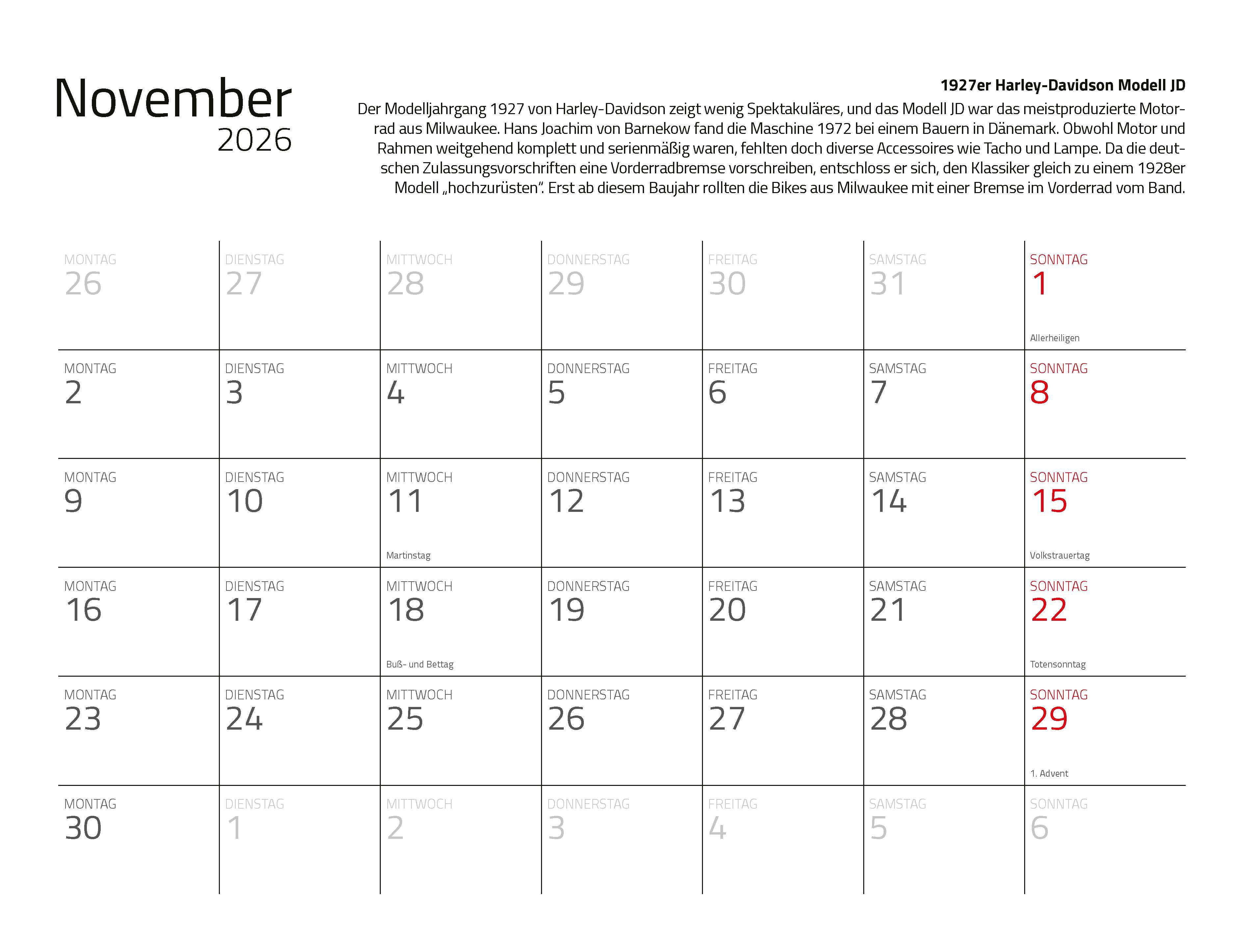 Beispielinhalt (Bild) Kalender Best of Harley Davidson 2026 Eintragkalender