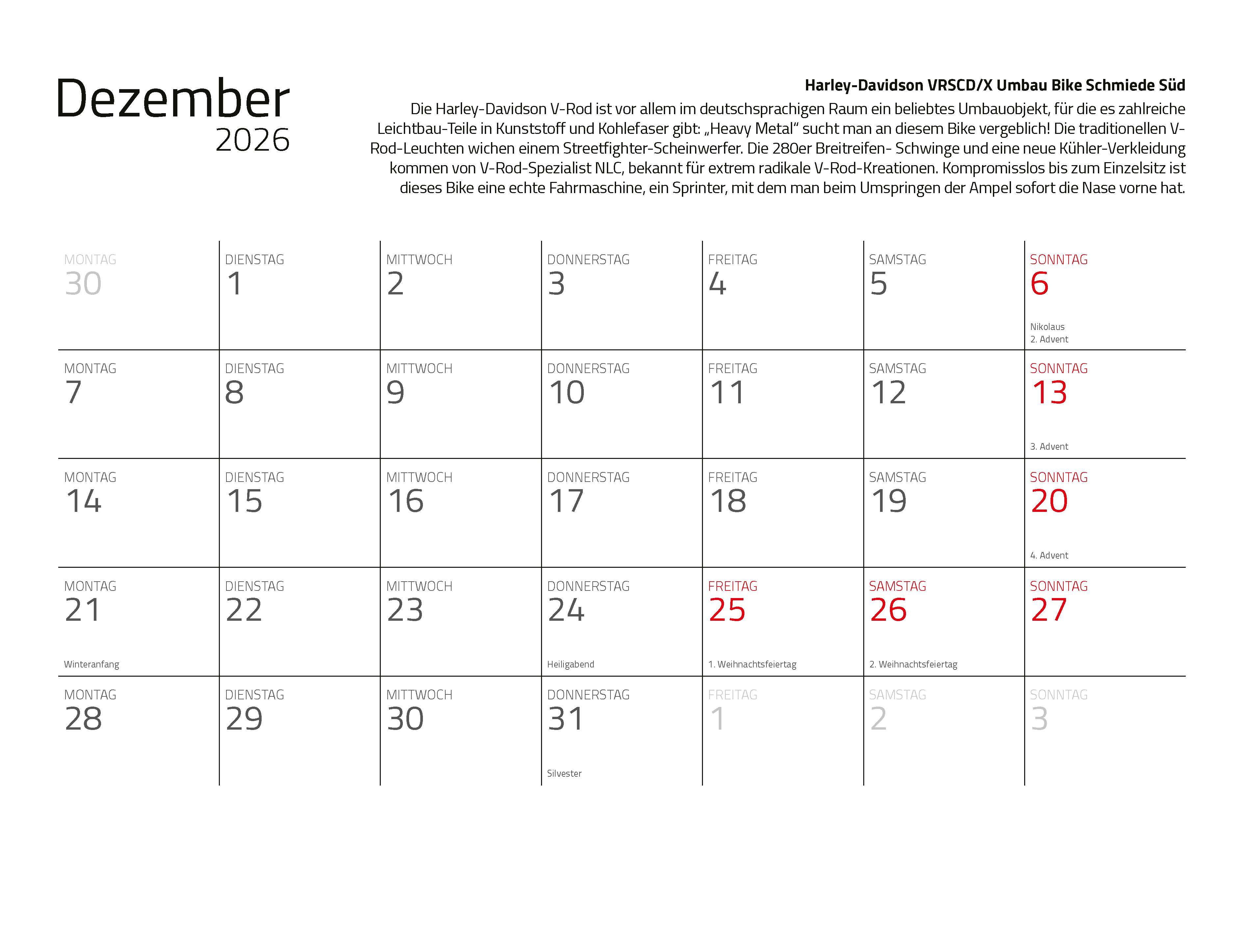 Beispielinhalt (Bild) Kalender Best of Harley Davidson 2026 Eintragkalender