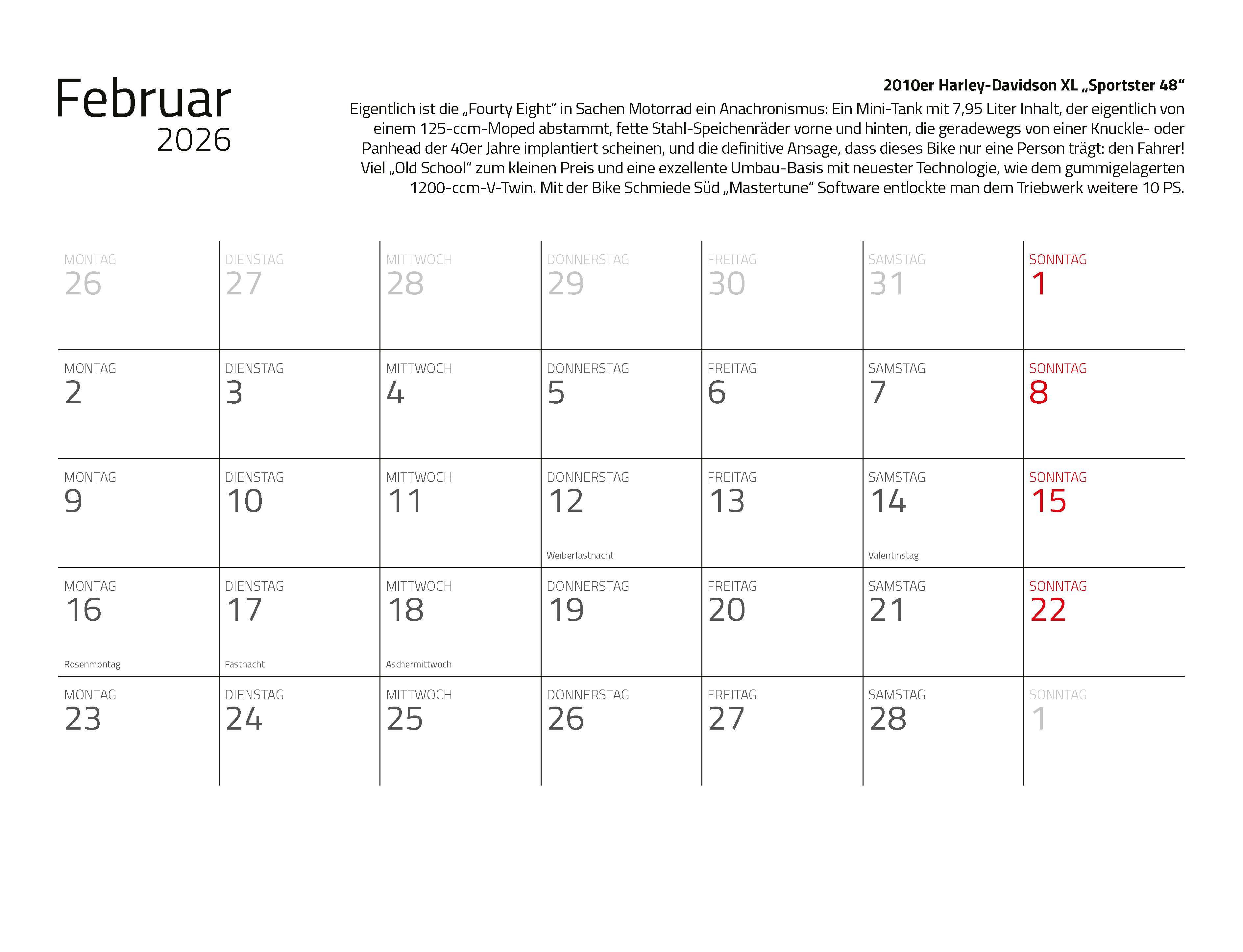 Beispielinhalt (Bild) Kalender Best of Harley Davidson 2026 Eintragkalender