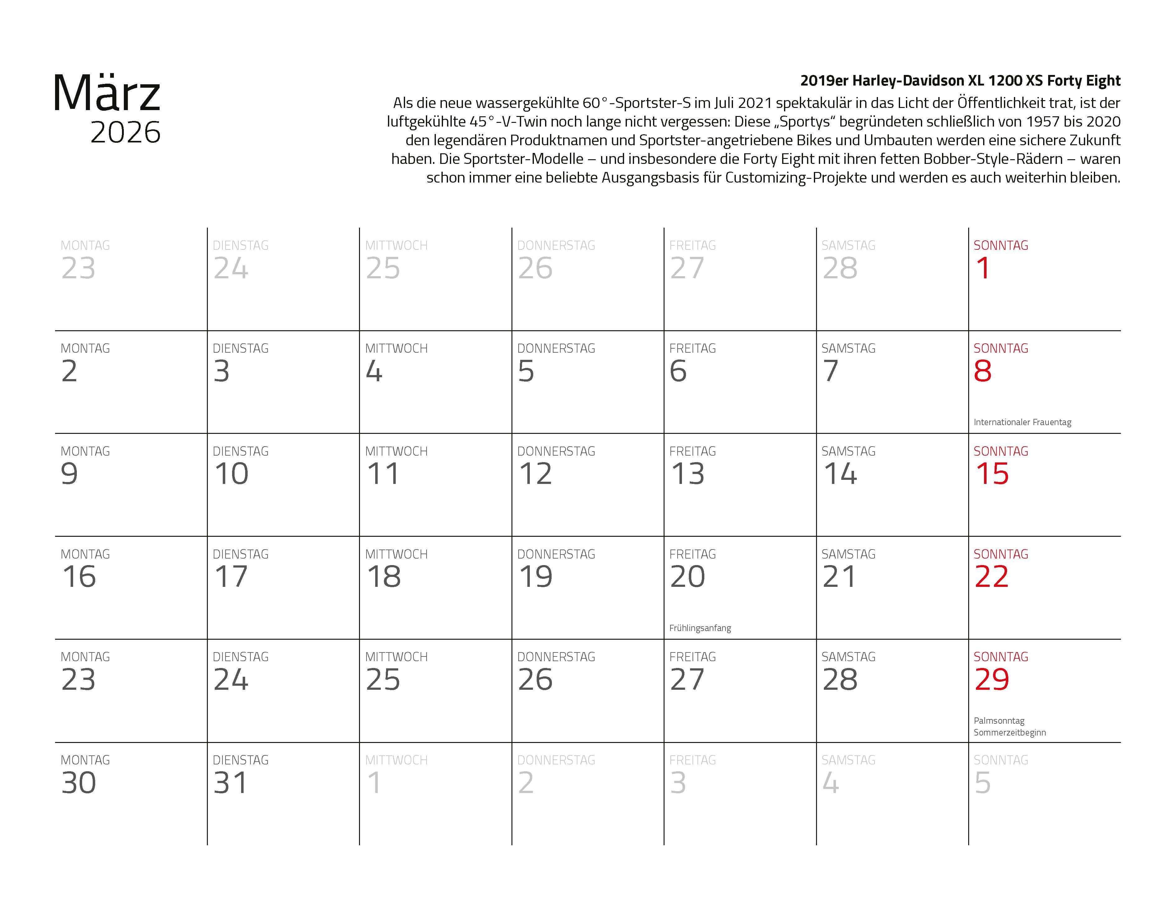Beispielinhalt (Bild) Kalender Best of Harley Davidson 2026 Eintragkalender