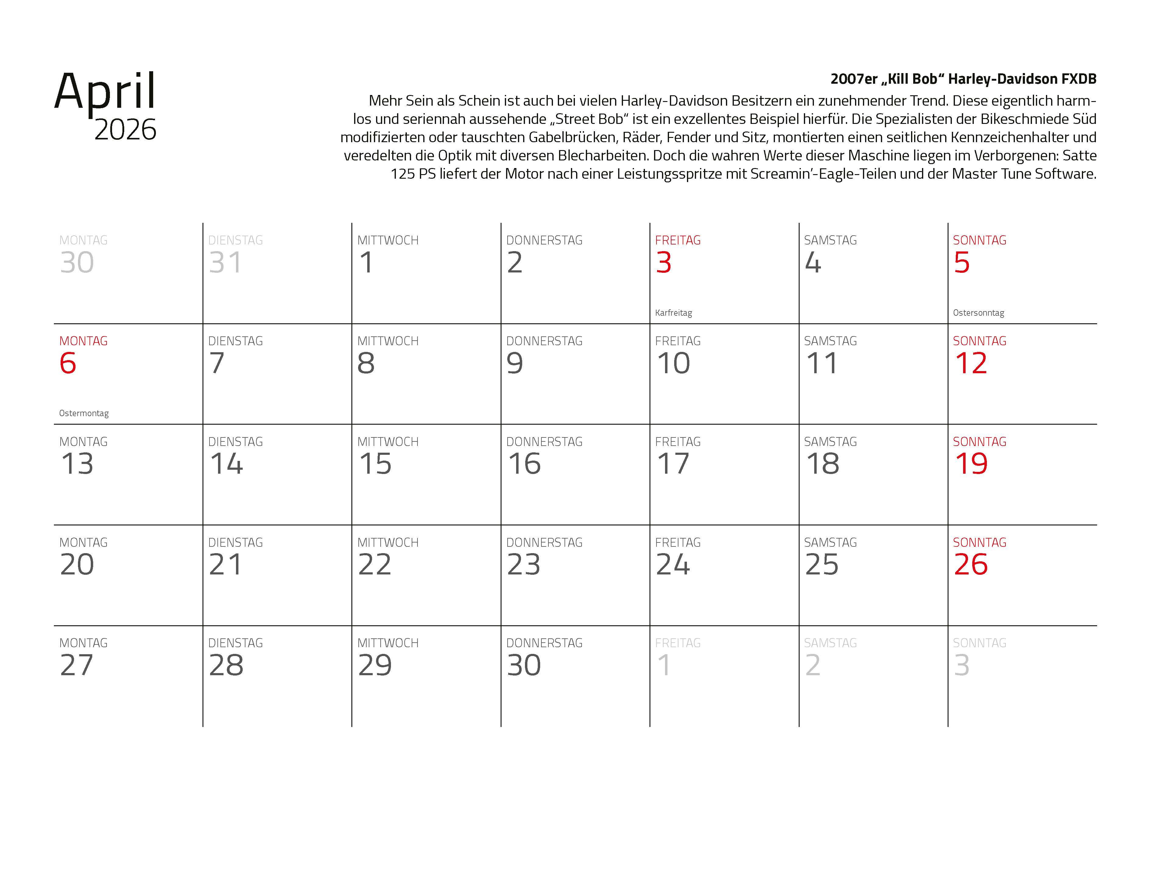 Beispielinhalt (Bild) Kalender Best of Harley Davidson 2026 Eintragkalender