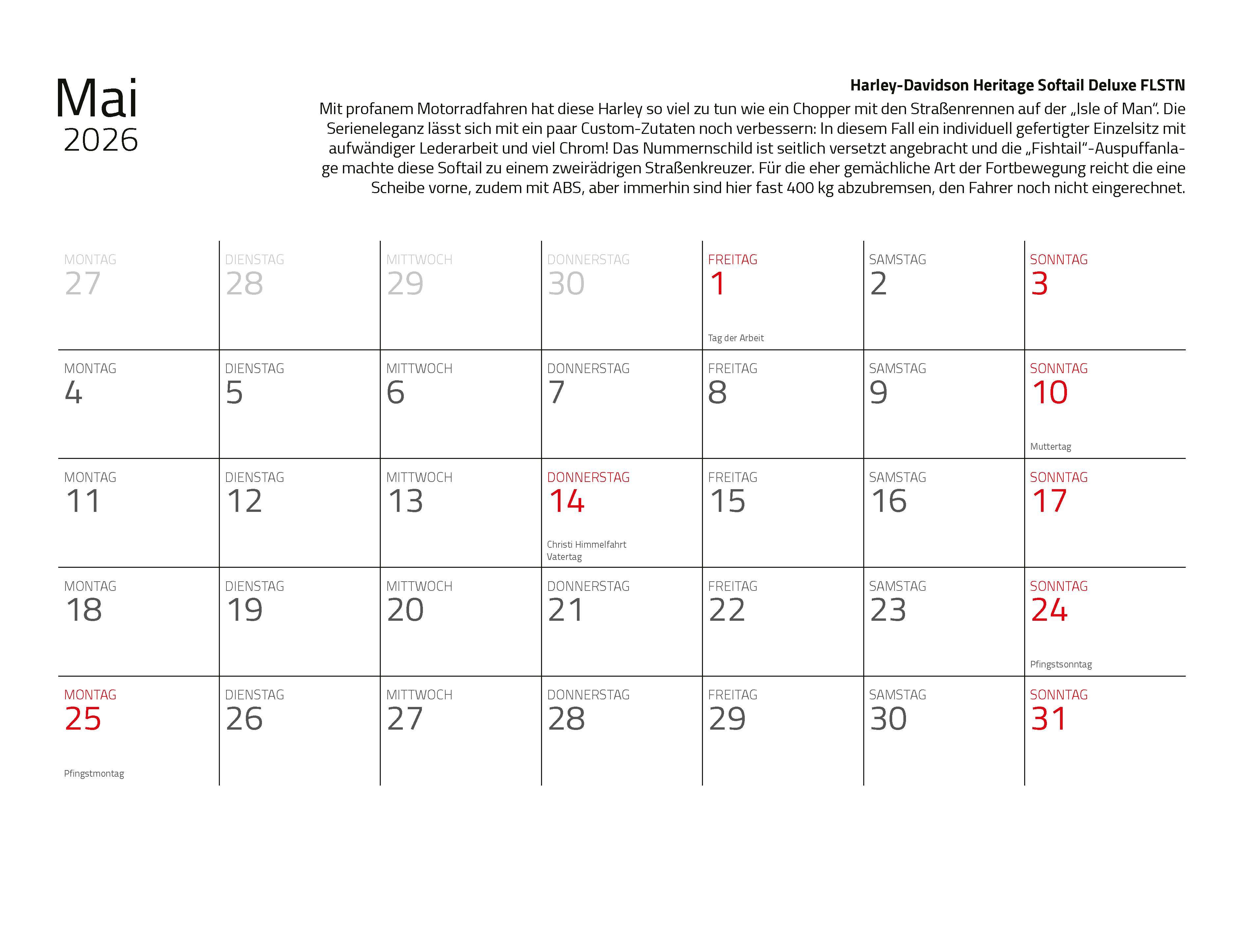 Beispielinhalt (Bild) Kalender Best of Harley Davidson 2026 Eintragkalender