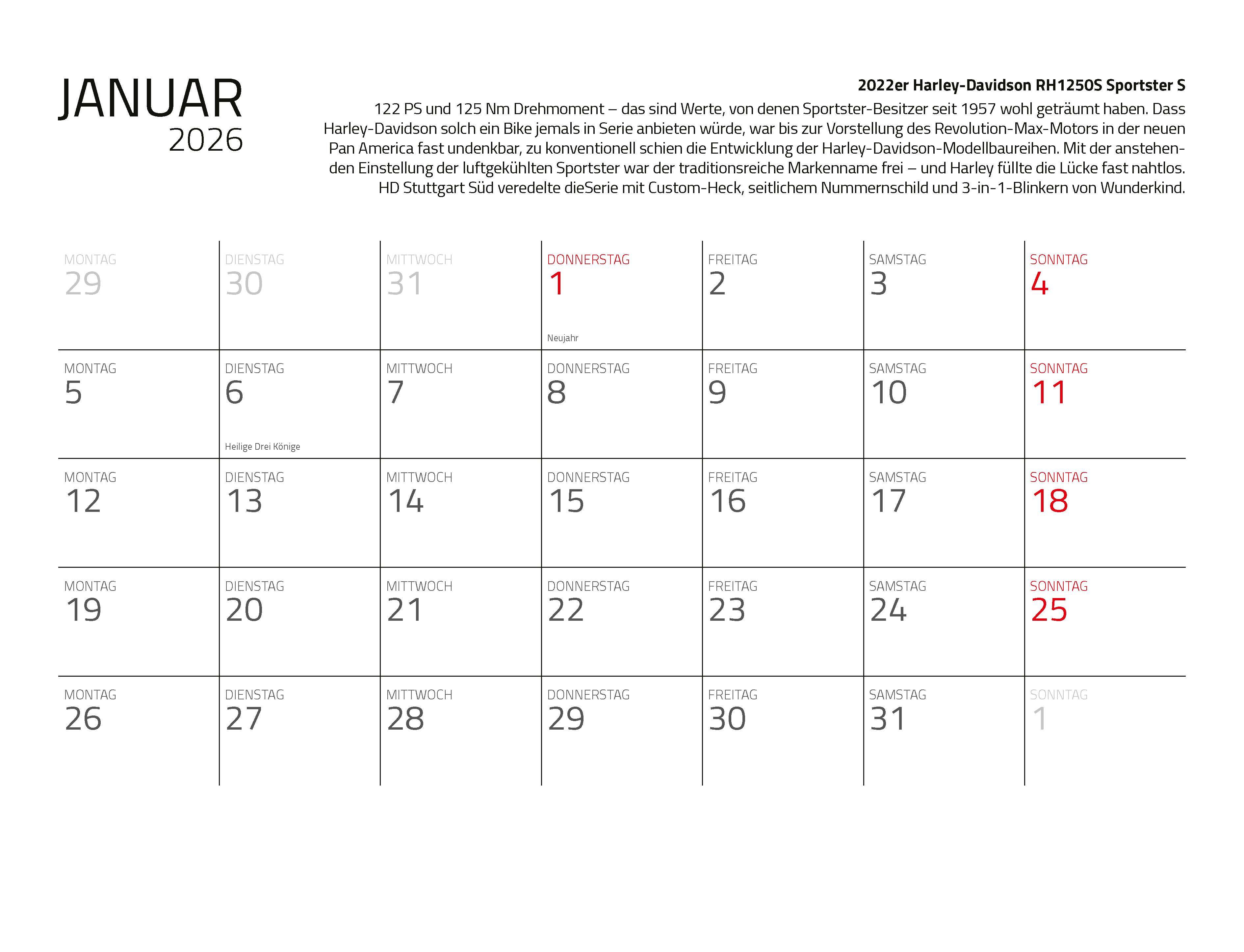 Beispielinhalt (Bild) Kalender Best of Harley Davidson 2026 Eintragkalender