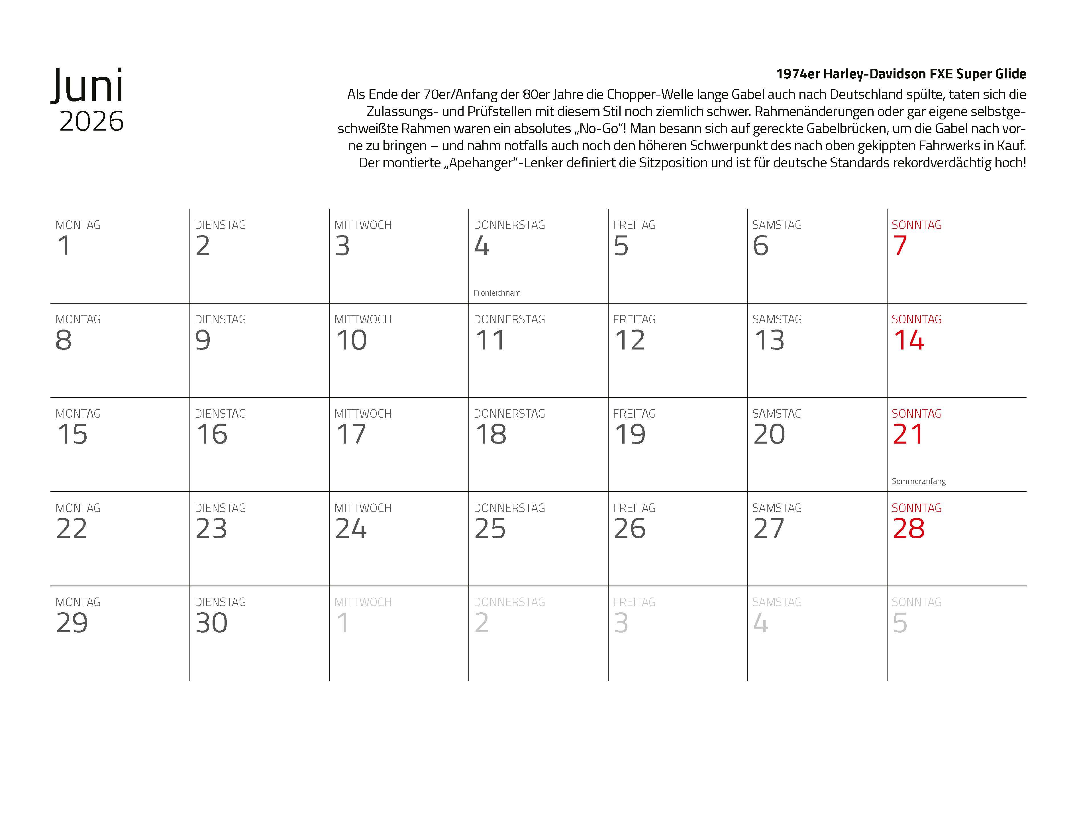 Beispielinhalt (Bild) Kalender Best of Harley Davidson 2026 Eintragkalender