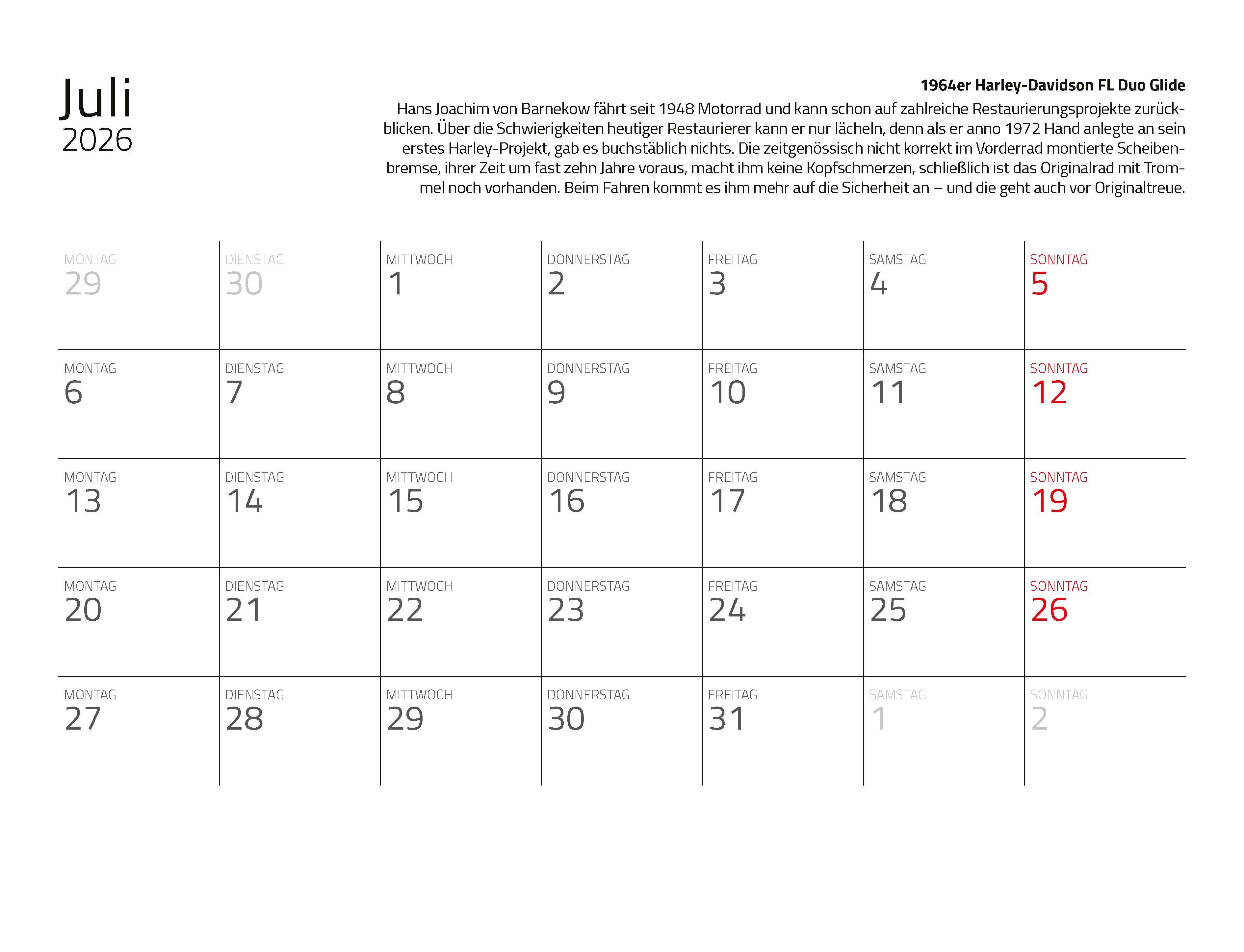Beispielinhalt (Bild) Kalender Best of Harley Davidson 2026 Eintragkalender