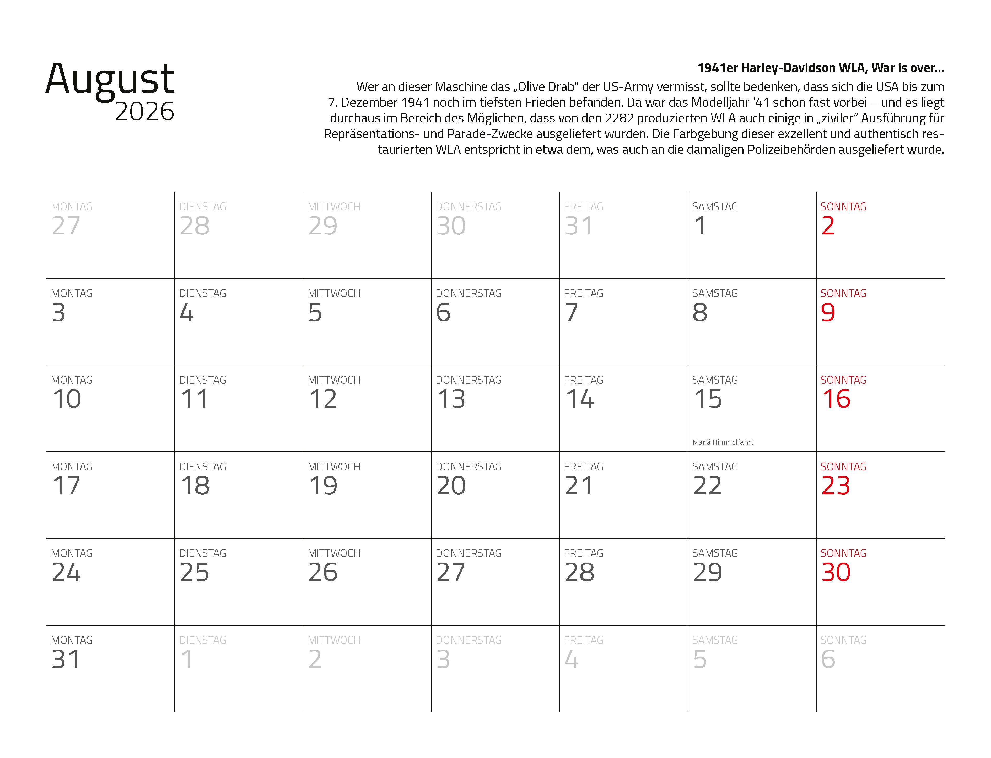 Beispielinhalt (Bild) Kalender Best of Harley Davidson 2026 Eintragkalender