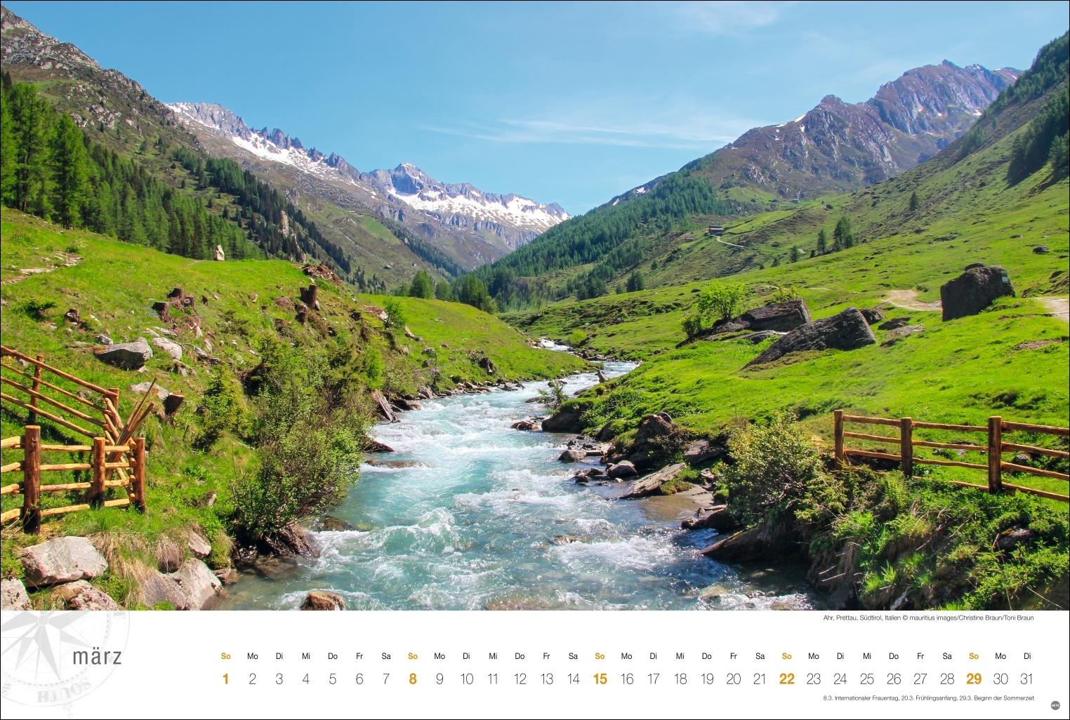 Beispielinhalt (Bild) Südtirol Globetrotter Kalender 2026 - Von romantischen Tälern und schroffer Bergwelt